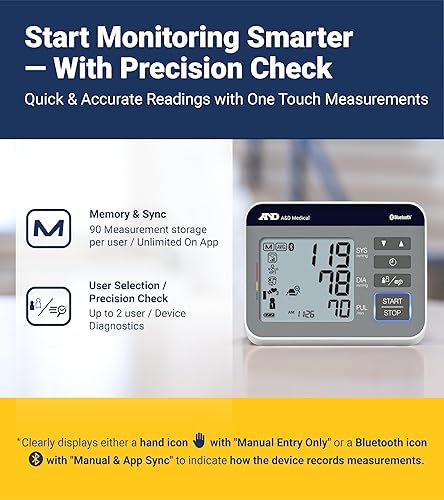 Miniatura 4 de A&D Medical Monitor BP de control de precisión, uso doméstico con Bluetooth UA-810BLE - Brazalete de amplio rango (8.6-16.5 pulgadas), 2 usuarios,