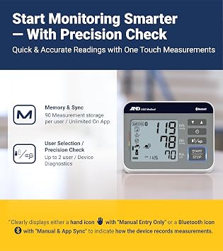 A&D Medical UA-810BLE Bluetooth Blood Pressure Monitor, 2 Users, Wide Cuff