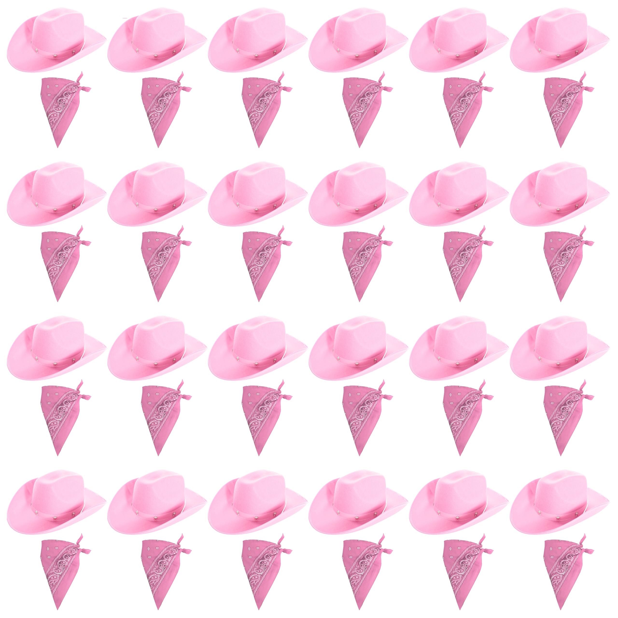 Adults Pink Cowboy Accessory Set - Pack of 24 - Pink Star-Studded Cowboy Hat + Matching Paisley Bandana - Ladies Hen Night Cowgirl Western Fancy Dress Costume Accessory Set