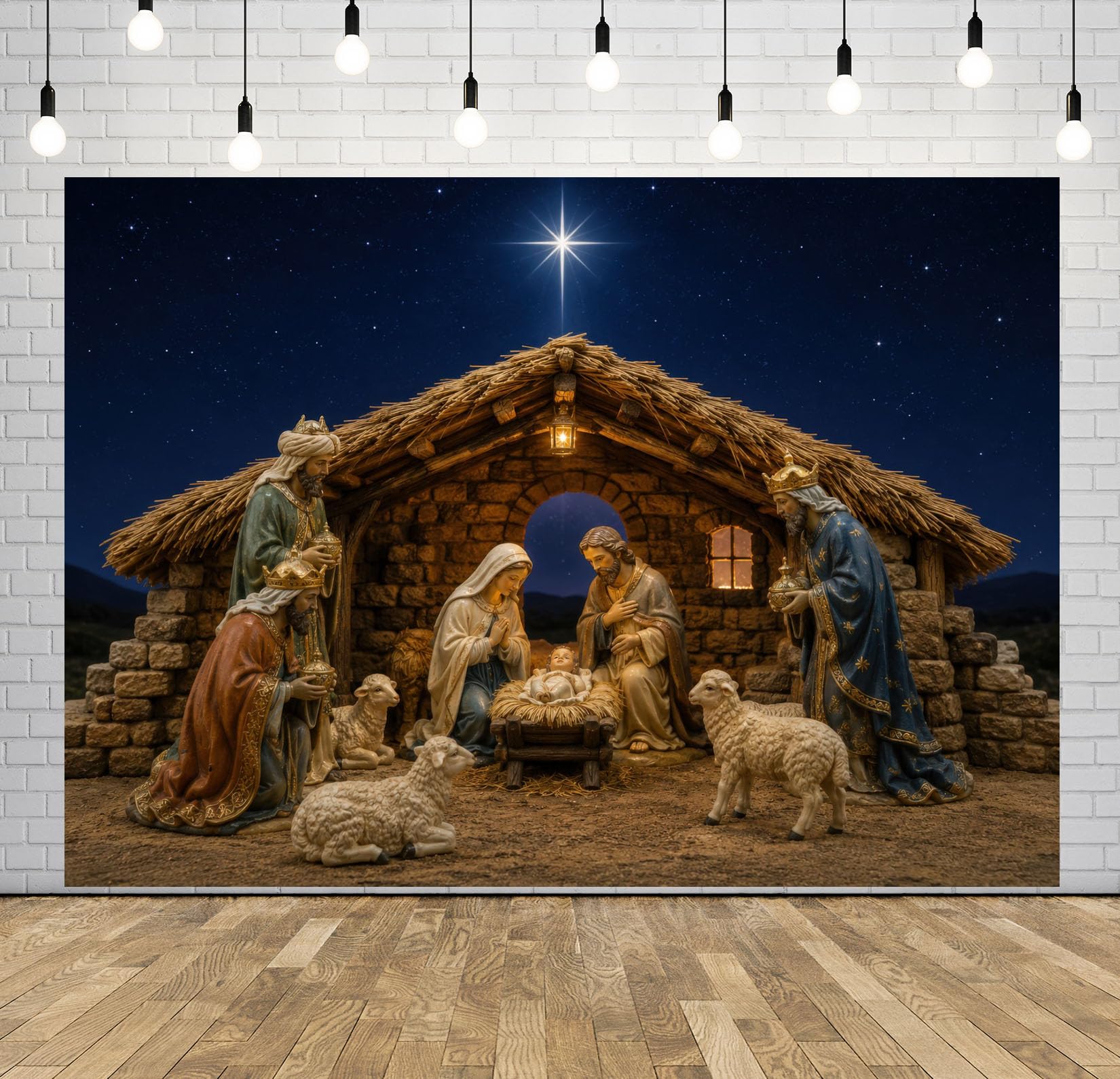 BELECO 3.6x3m Sfondo in tessuto Natività notte stellata e presepe