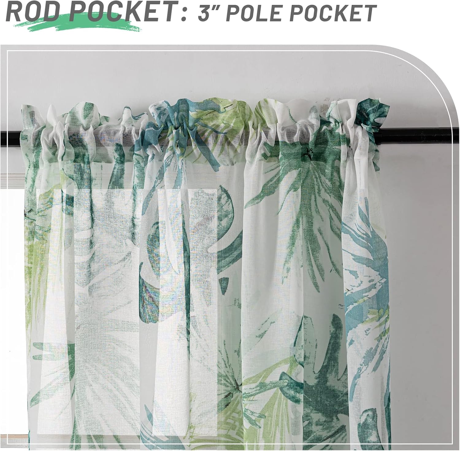VISIONTEX Sheer Curtains Printed, Decor Hawaiian Style Green Tropical Palm Leaves Plant Pattern Faux Linen Rod Pocket Window Drapes for Living Room and Bedroom 54 x 84 Inch, Set of 2 Panels