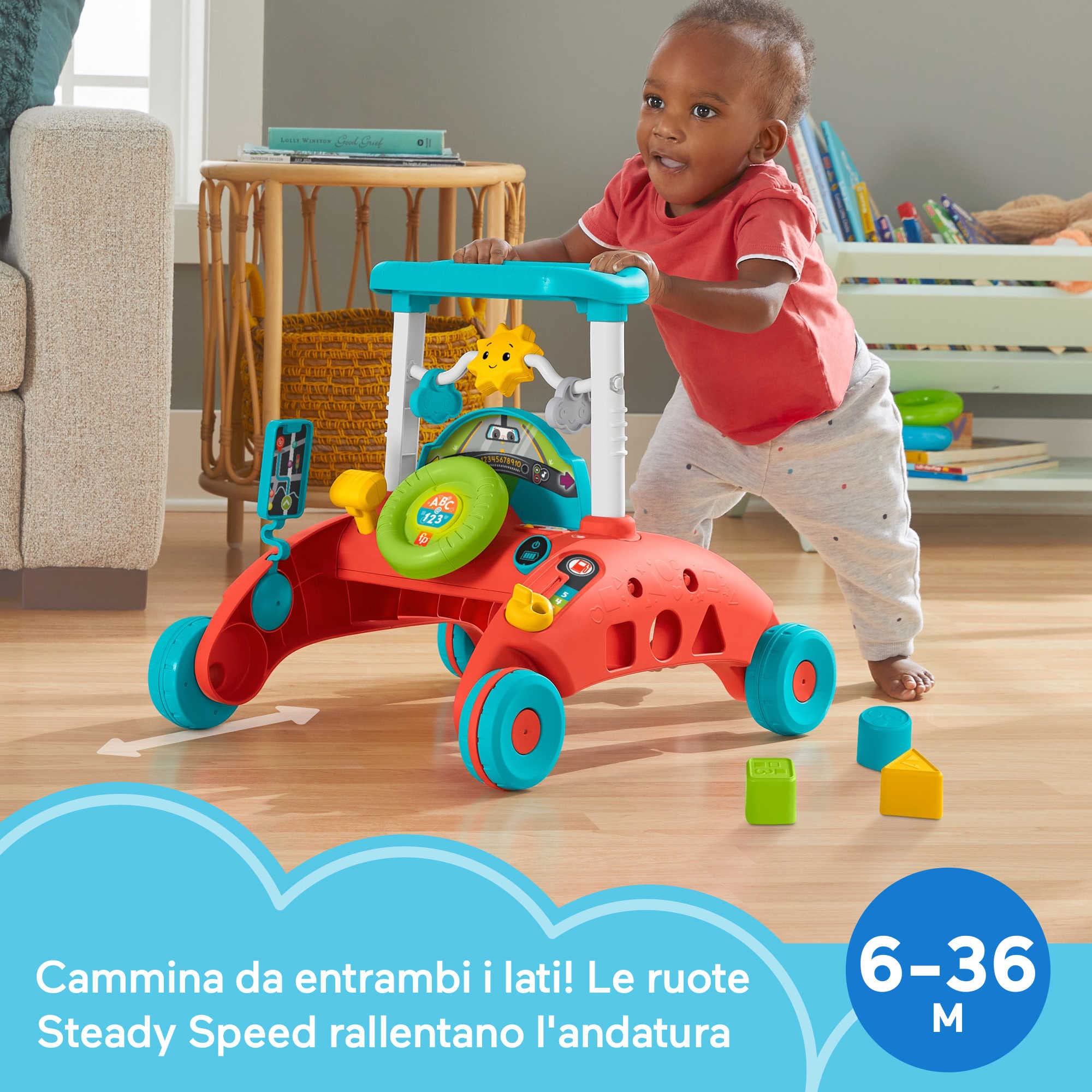 Fisher-Price Primi Passi al Volante, Giocattolo Ispirato a Una Macchina Che incoraggia i Bambini a Camminare, Giocattolo per Bambini 6-36 Mesi, Versione Inglese+Italiano+Portoghese+Spagnolo HJP46