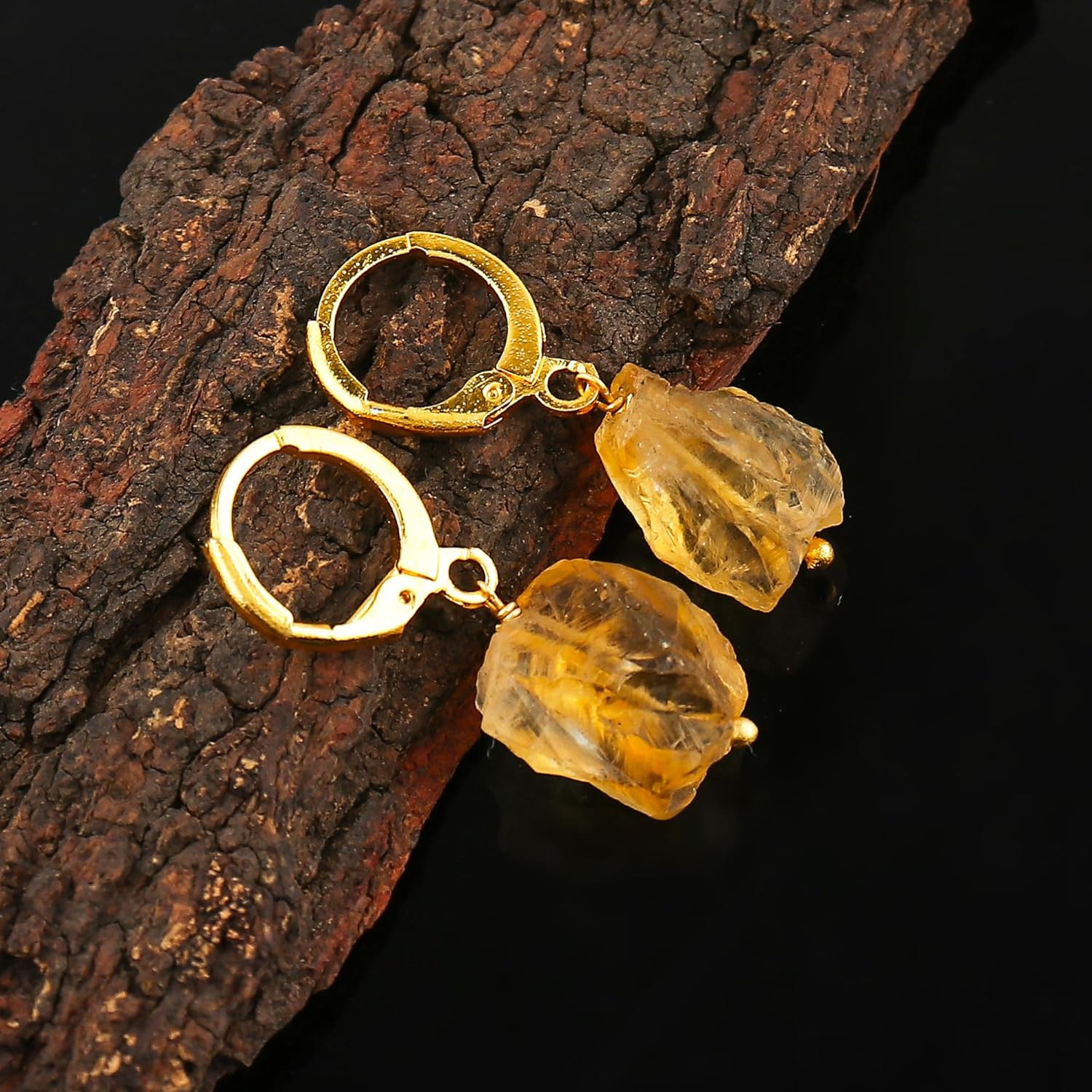 Natural Raw Crystal Hoop Earrings for Women - Handmade Gemstone Drop Earrings - Healing Stone Jewelry Gift Set - Gold Plated Brass AA+