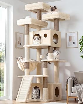 Globlazer Heavy Duty Cat Tree, 73inch Sturdy Cat Tower with Scratching Post for Indoor Multiple Cats, Maine Coon Cat Tree with Cat Perch, Basket, Cat Condo for Adult Cats Kittens, F73C, Beige
