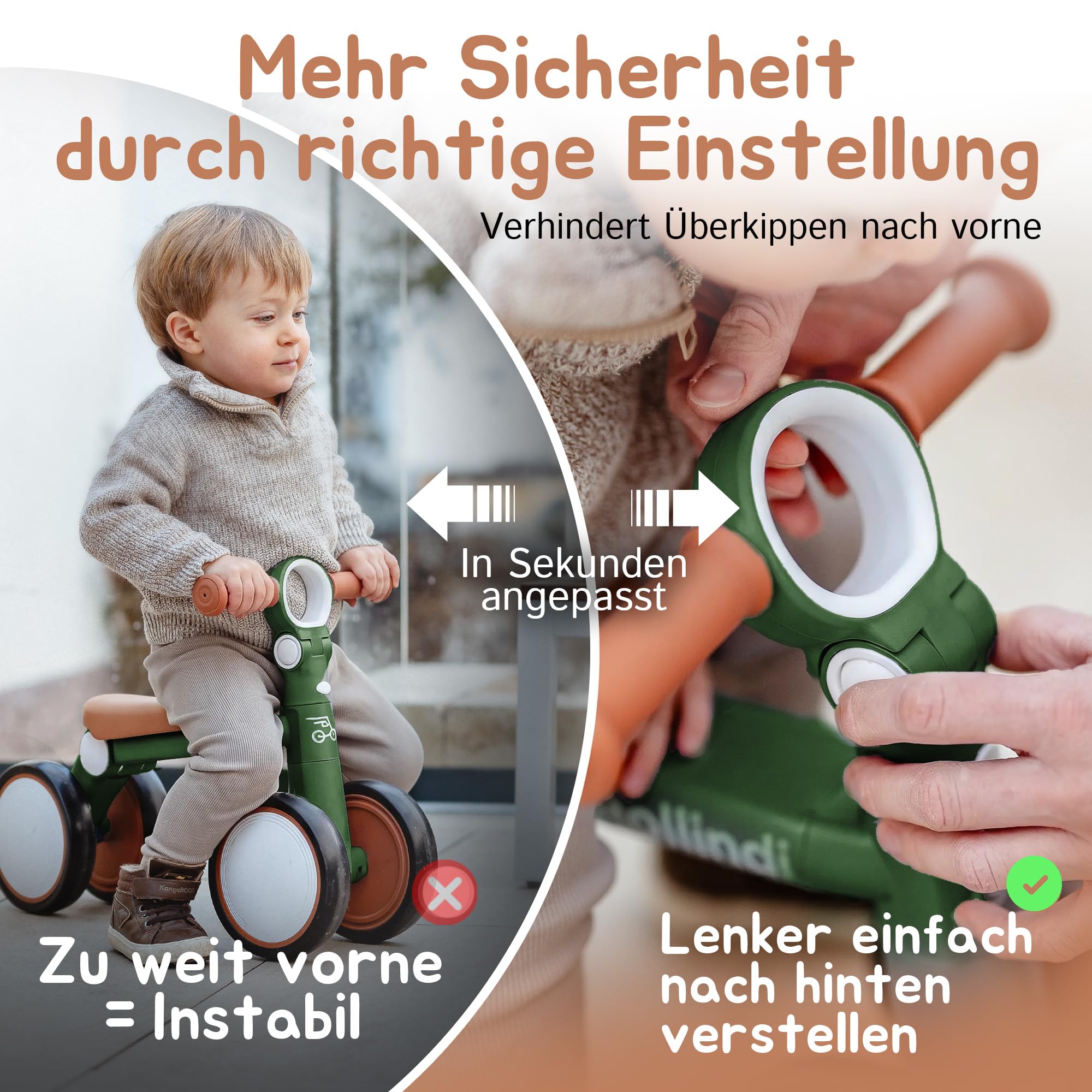 Walk – Sicheres erstes Laufrad ab 1 Jahr, Ultraleicht & kippsicher, leise Räder für drinnen & draußen, mitwachsendes Lauflernrad Baby 12–36 Monate, Geschenk zum 1. Geburtstag, Grün