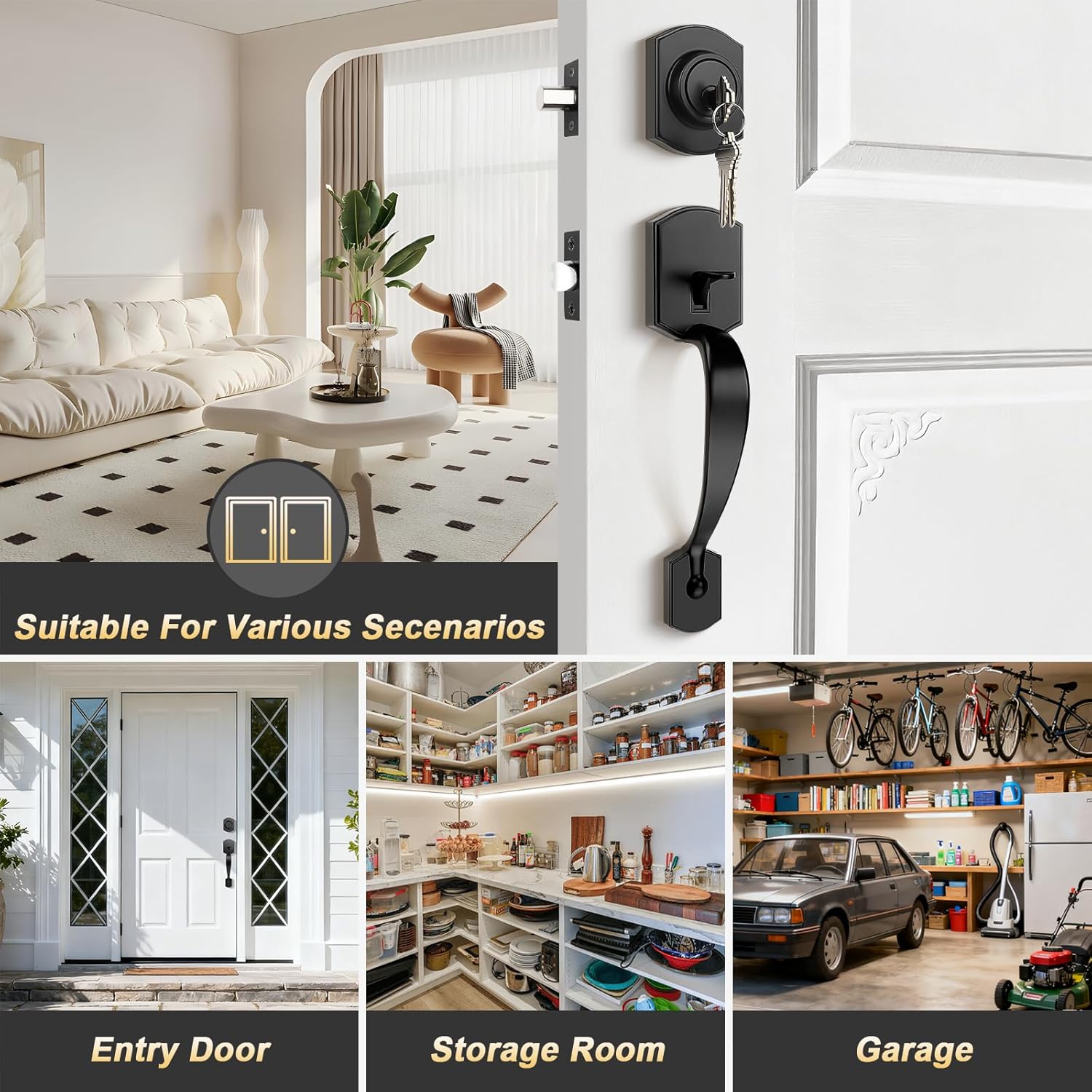 Front Door Lock Set Matte Black Exterior Door Handle, Deadbolt Lock with Interior Door Knob for Entry Doors, Front Door Handle and Single Cylinder Deadbolt Reversible for Left &Right Hand Door