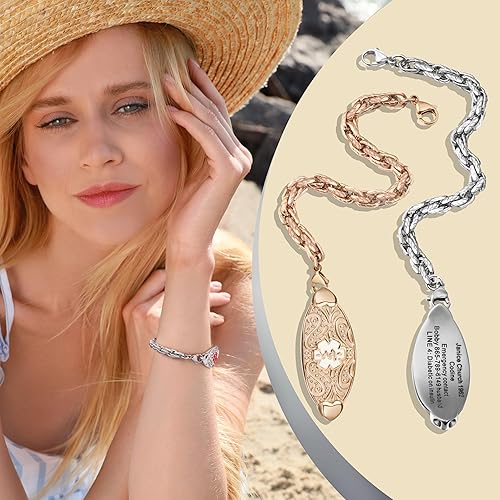 Miniatura 4 de Pulseras de alerta médica personalizadas para mujeres con grabado gratis, pulsera de identificación de emergencia personalizada impermeable para