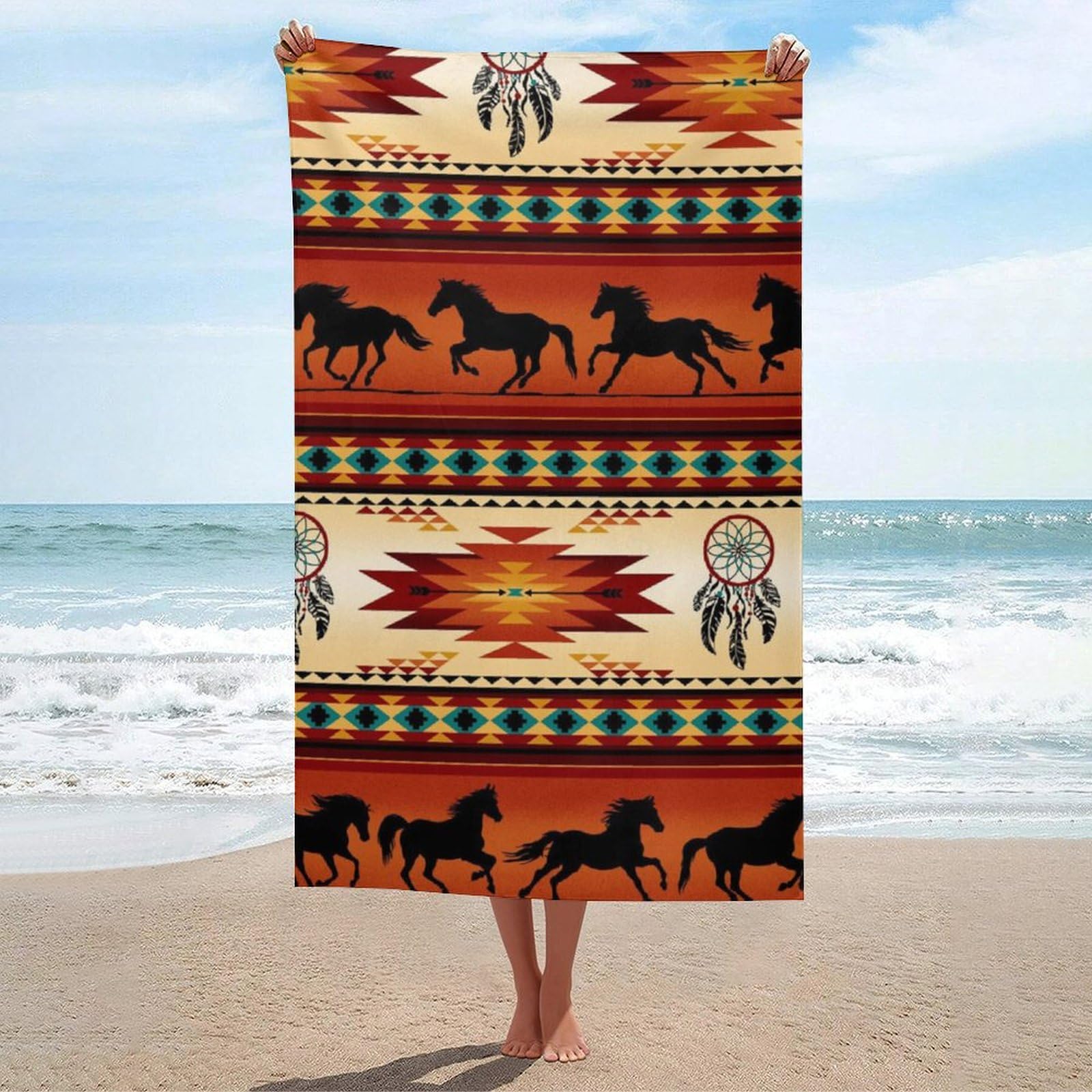 LEDFCVSU Beach Towel, Western Horses Bath Towel, Absorbent Towel for Swimming, Sports, Travel