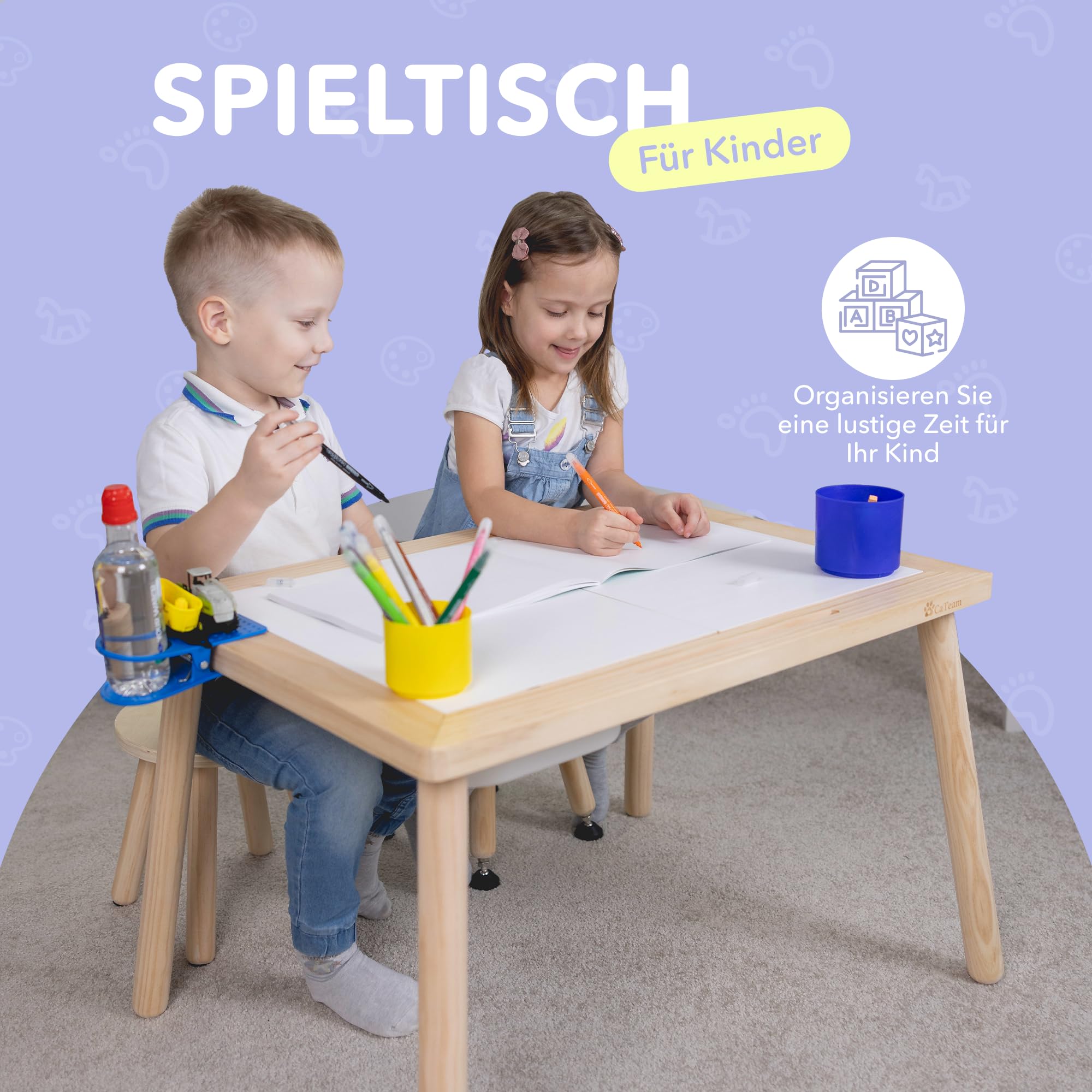 Cateam Kindertisch mit umkehrbarer Tischplatte, Spieltisch aus Kiefernholz mit 3 Faltbare Aufbewahrungsbehälter für Kinder ab 3 Jahren –Pädagogische Holzpuzzleeinsätze – Spielsand-Aktivitätstisch