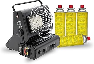 tragbare 2in1 Gasheizung & Gaskocher | 90° drehbar | mini Camping-Heizung Gasheitzer | Keramik-Brenner | Gasstrahler | Kochfunktion, Zeltheizung (+4 Gaskartuschen)
