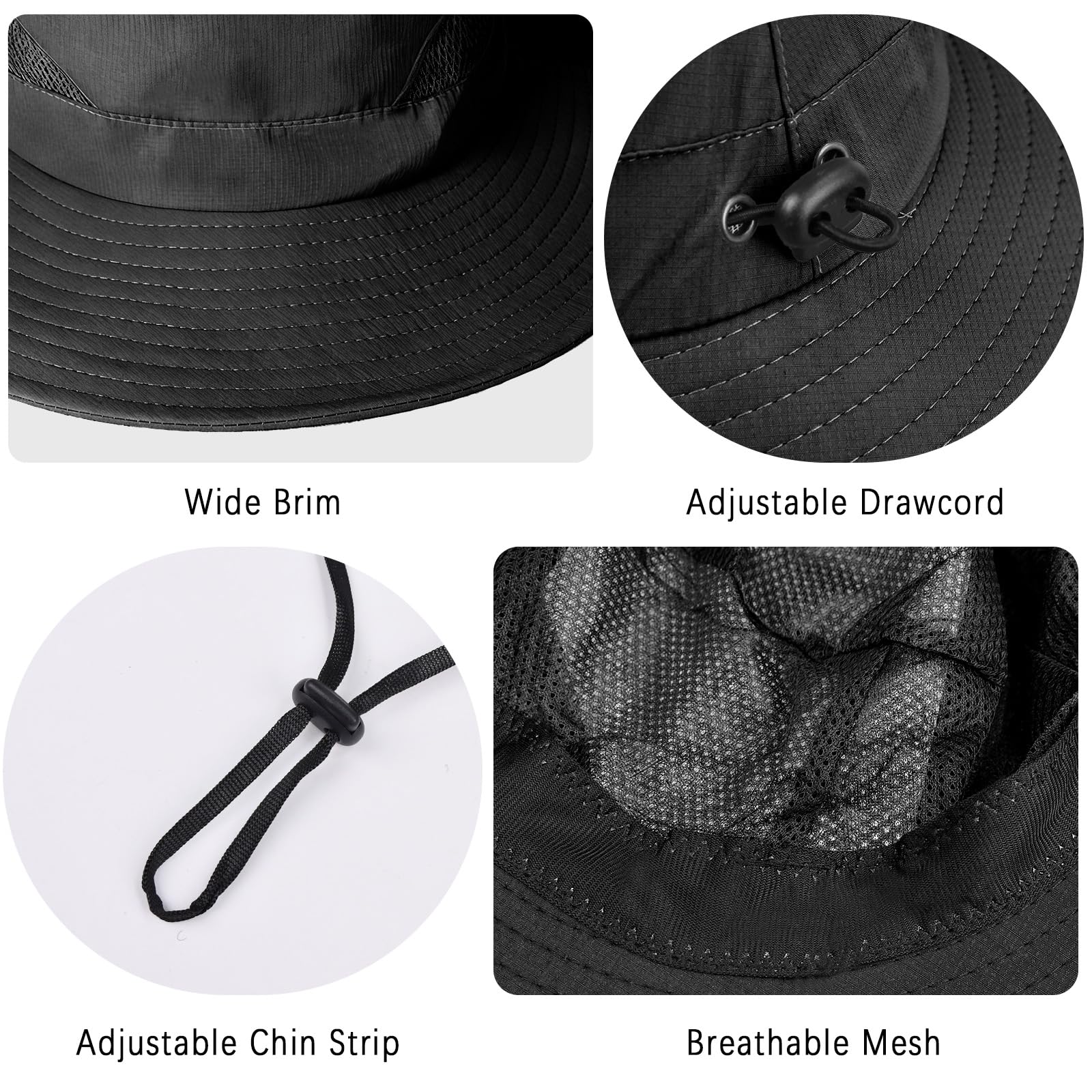ZOORON Sombreros de Sol para Hombres y Mujeres, Sombreros de ala Ancha, protección UV, UPF50+, Impermeables, para Pesca, Senderismo, Campamento (Paquete de 2, Negro y Gris Claro), Paquete de 2, Negro
