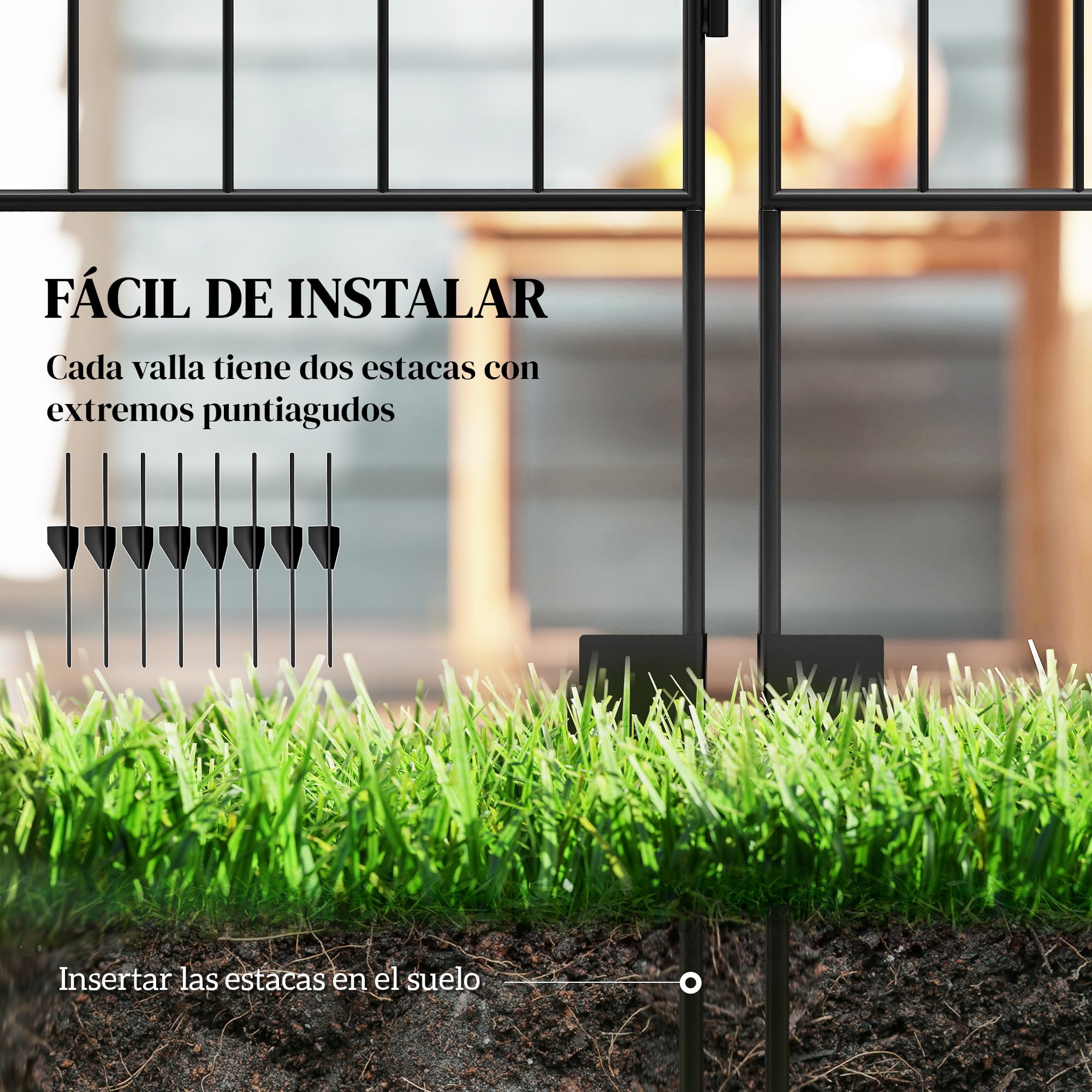 Outsunny Vallas de Jardín Exterior de 4 Paneles 88x110 cm Vallas de Jardín Metálicas Vallas Decorativas con Ángulo Ajustable para Patio Terraza Negro