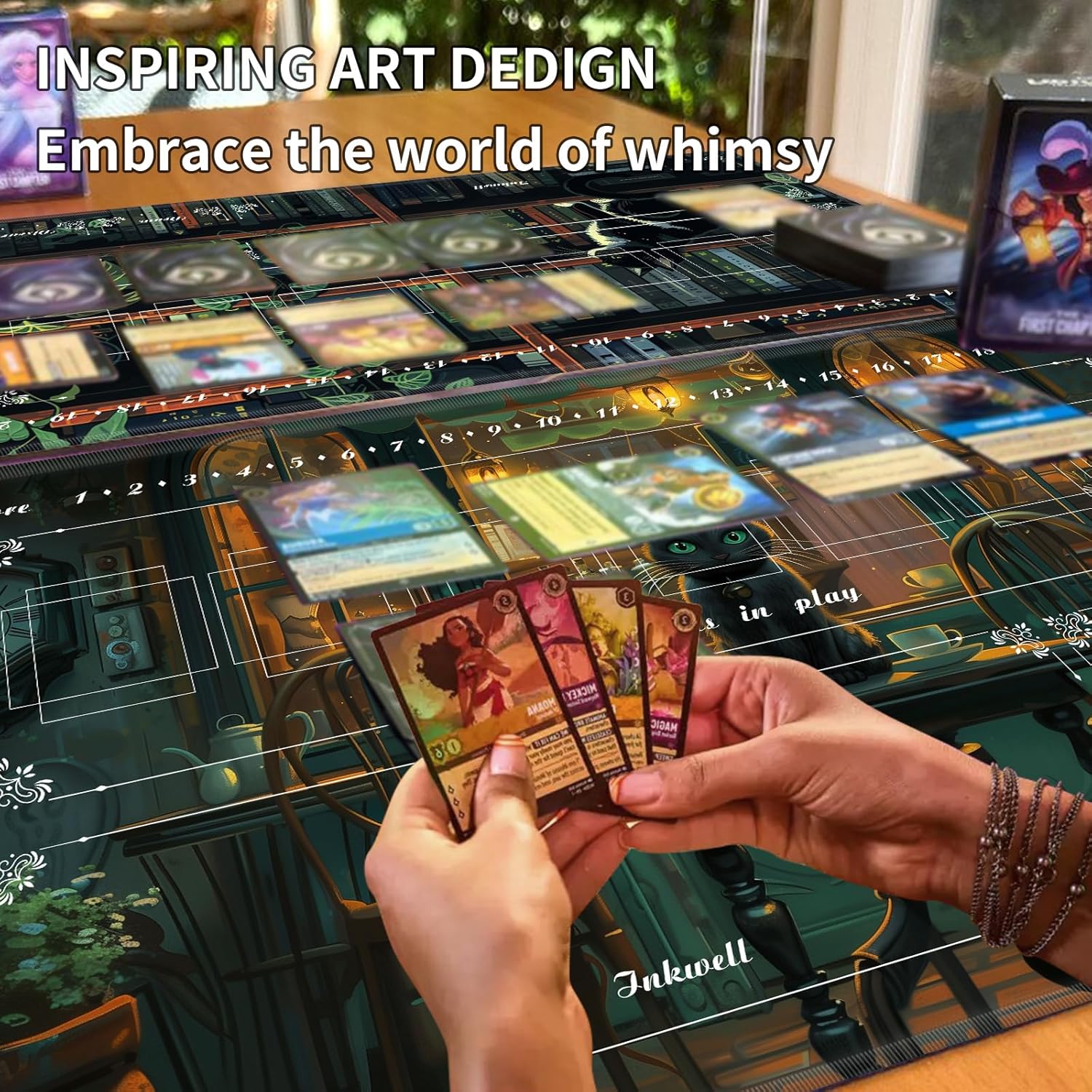 Playmat 24" x 14" Magic Compatible Lorcana TCG Cards Tabletop Play Mat, Gaming Desk Mat, Bookshelf, Plants and Cat