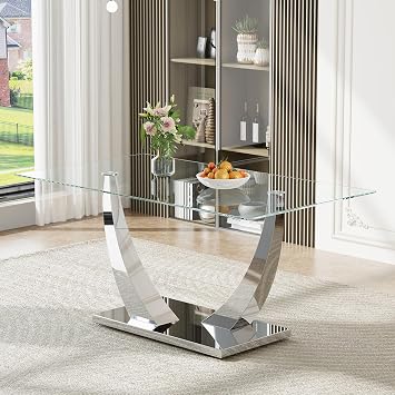 63 Inch Dining Table for 4-6, Modern Silver Rectangular Glass Kitchen Table, Luxury Dining Room Tables with Cow Horn-Shaped Stainless Steel Base for Kitchen, Living Room