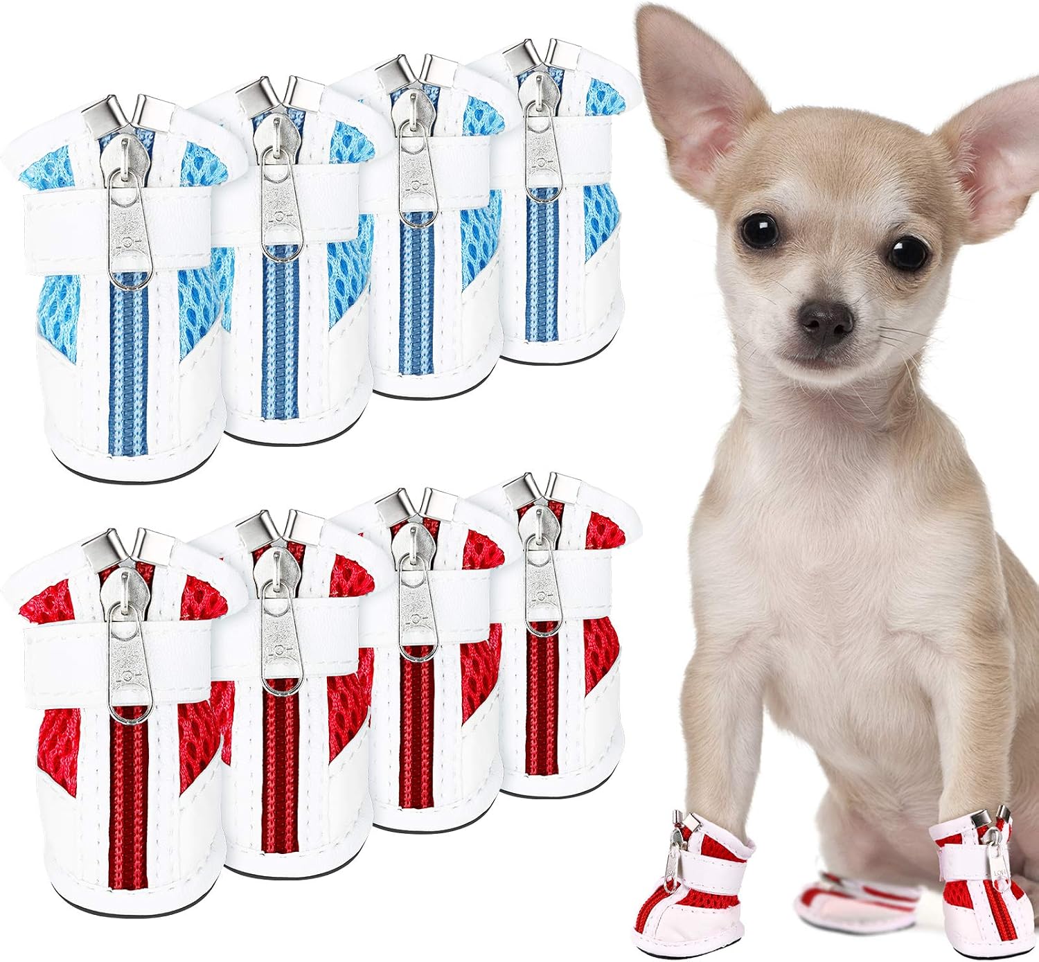 Sadnyy 8 Pieces Mesh Dog Shoes Pet Boots Breathable Dog Shoes for Small Doggy Adjustable Non-Slip Zipper Summer Pet Shoes Pet Paw Protector for Hot Pavement (Large, Blue, Red)