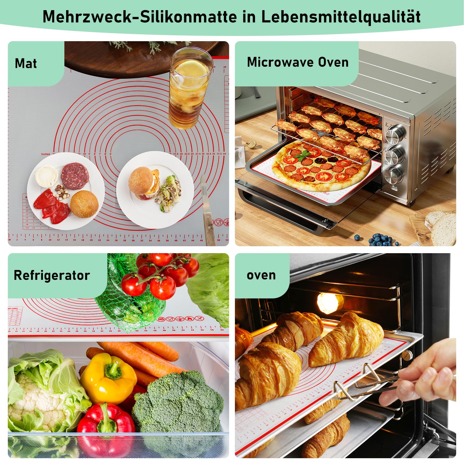 Tappetino Silicone Per Impasto 60x40cm - Antiscivolo, Con Misure E 3 Raschietti, Per Pizza E Biscotti