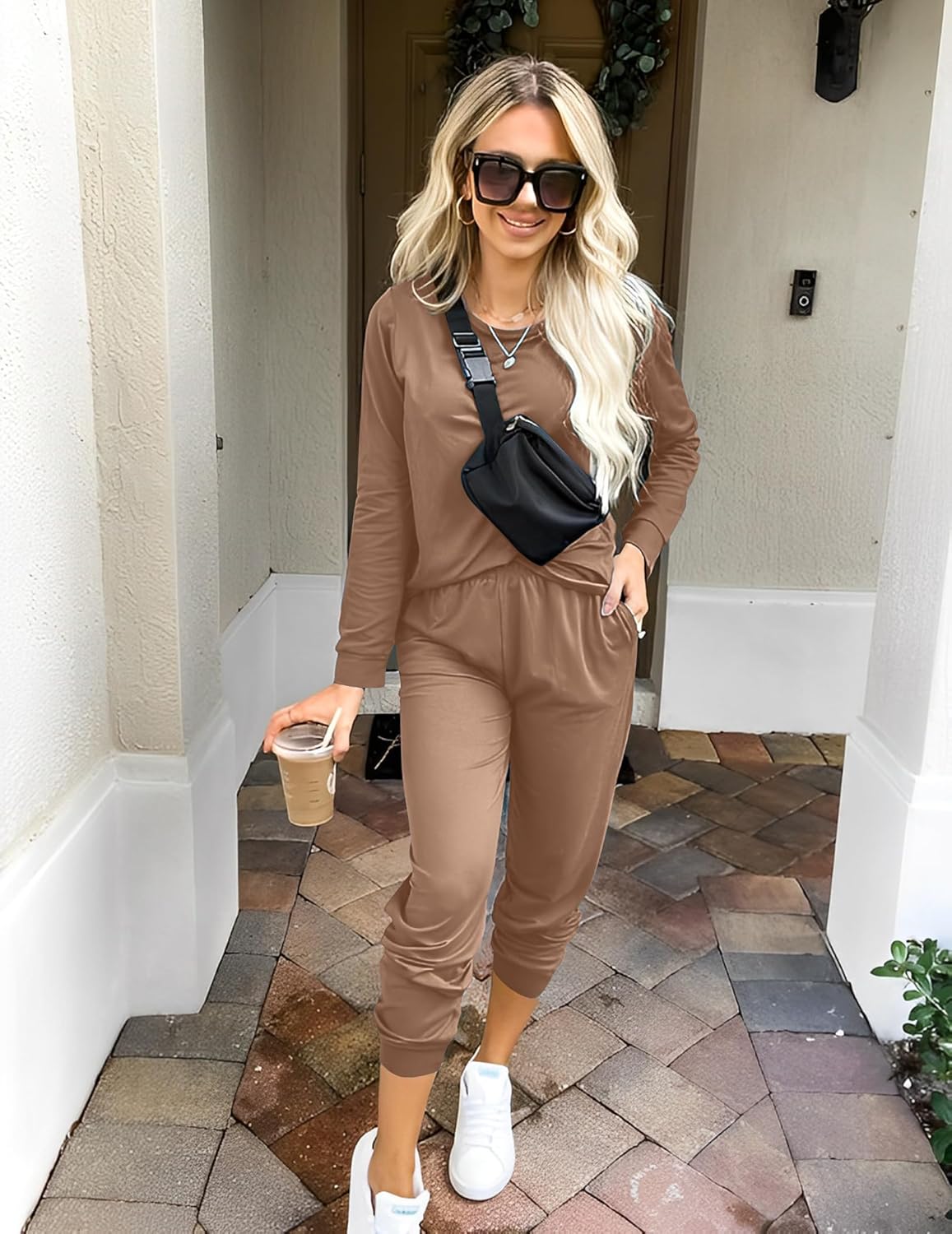 Ekouaer Womens Pajama Set 2 Piece Long Sleeve Sleepwear Nightwear Soft Pjs Lounge Sets with Pockets Brown Small - Image 2