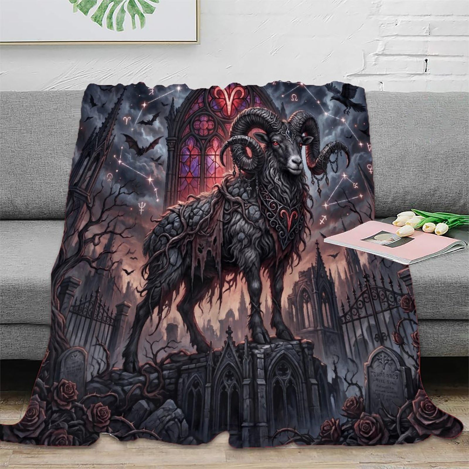 W7C8U2X3 Aries Zodiac Dark Gothic for Flannel Throw Blanket, Office Nap Use