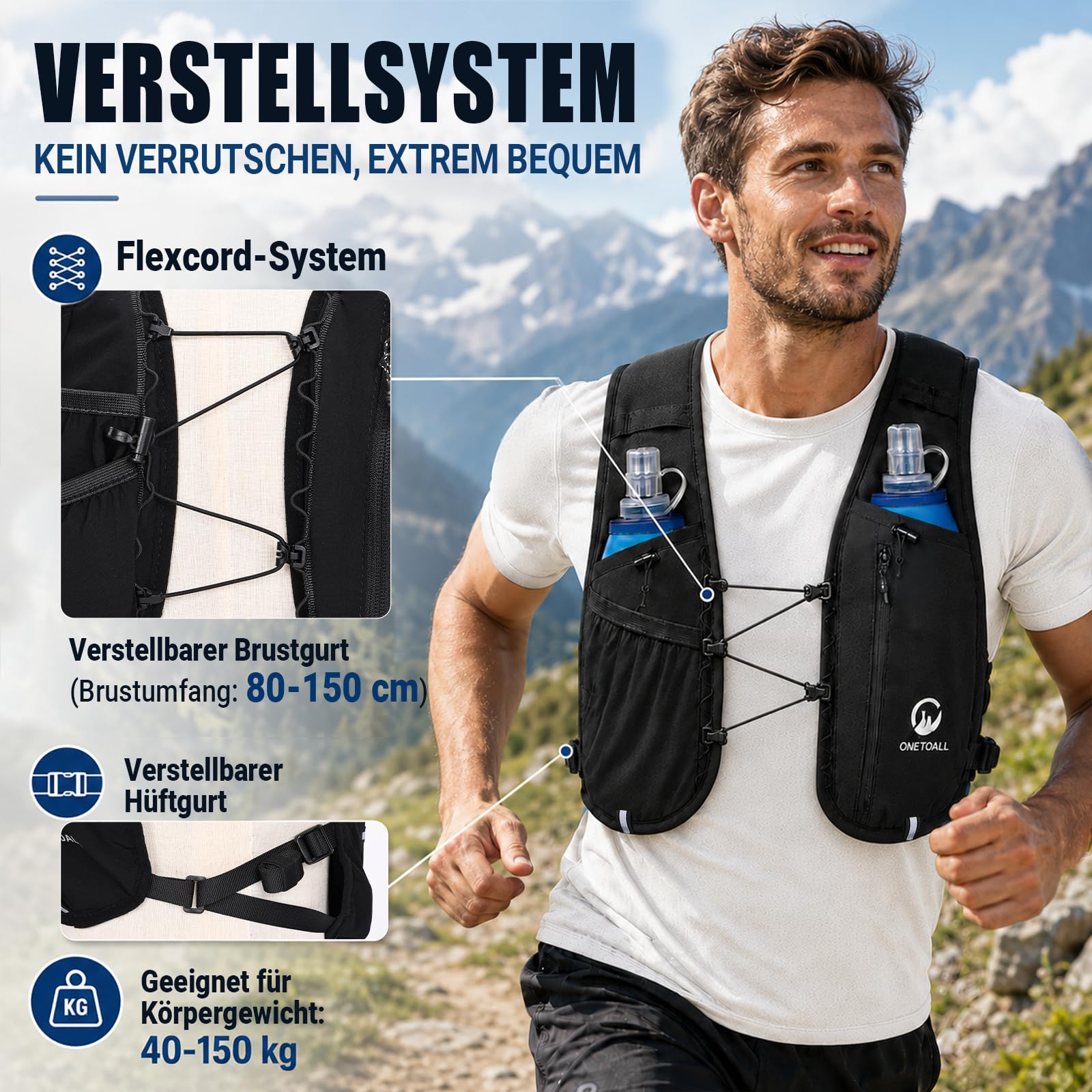 Laufweste Damen & Herren mit Zwei 500ml Trinkflaschen, Verstellbare Running Vest mit Lauflicht für bessere Sichtbarkeit, Atmungsaktiver Laufrucksack Trinkrucksack für Laufen Wandern Joggen