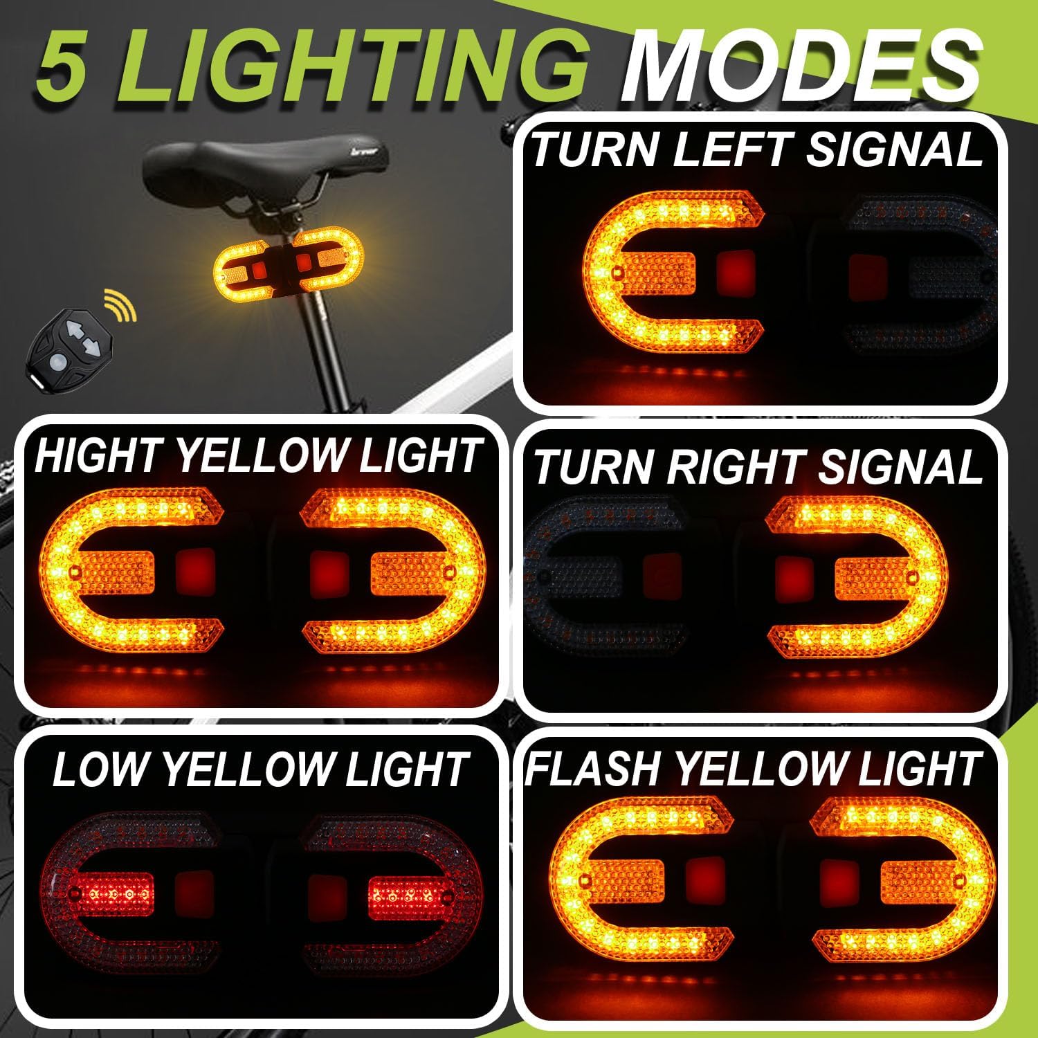 Turn Signals for Bike, USB Charging Bike Tail Light Remote Control Bike Rear Lights Split/Integrated 5 Modes Waterproof Strobe Front and Rear Bicycle