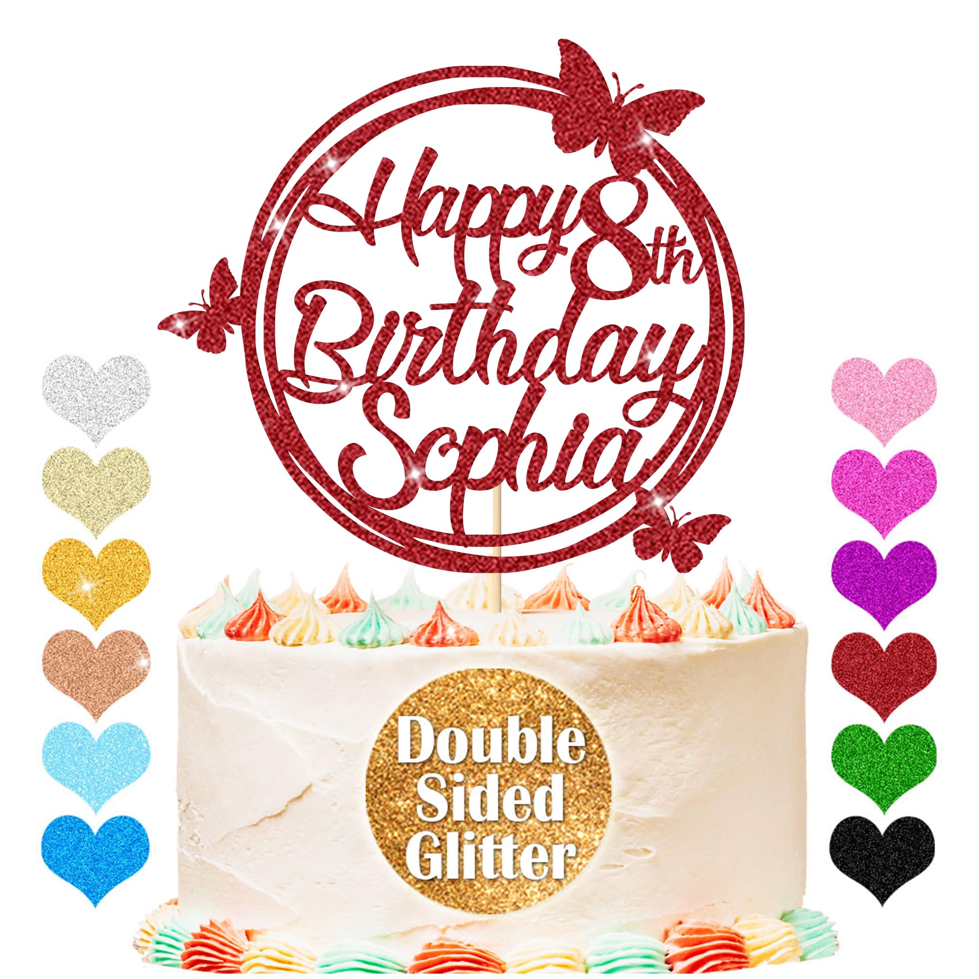 Personalised Happy Birthday Glitter Cake Topper, Custom Cake Topper Any Name & Age, Round Butterfly Cake Toppers, Birthday Party Cake Decorations for 18th 30th 40th 50th 60th 70th (Red)