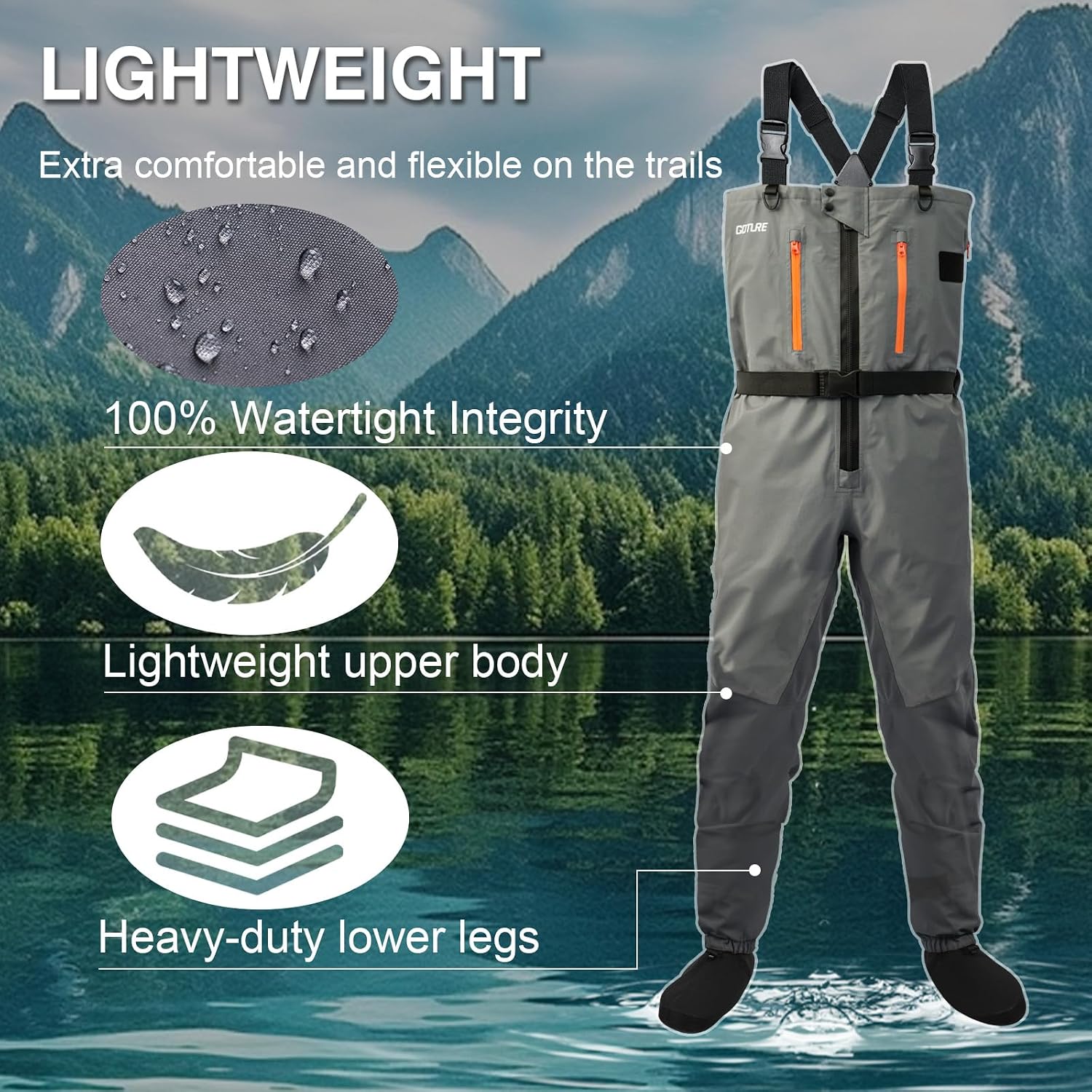Goture 5-Layer Waterproof Stocking Foot Waders, Breathable Fly Fishing Waders for Men Women, Multiple Storage Pockets 5 Sizes
