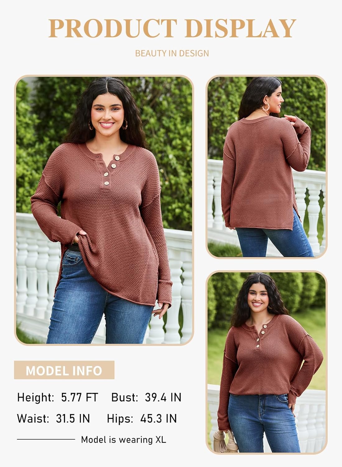 Eytino Womens Plus Size Sweaters Casual Long Sleeve Loose V Neck Button Henley Tops Pullover Knit Jumpers,(1X-5X) - Image 3