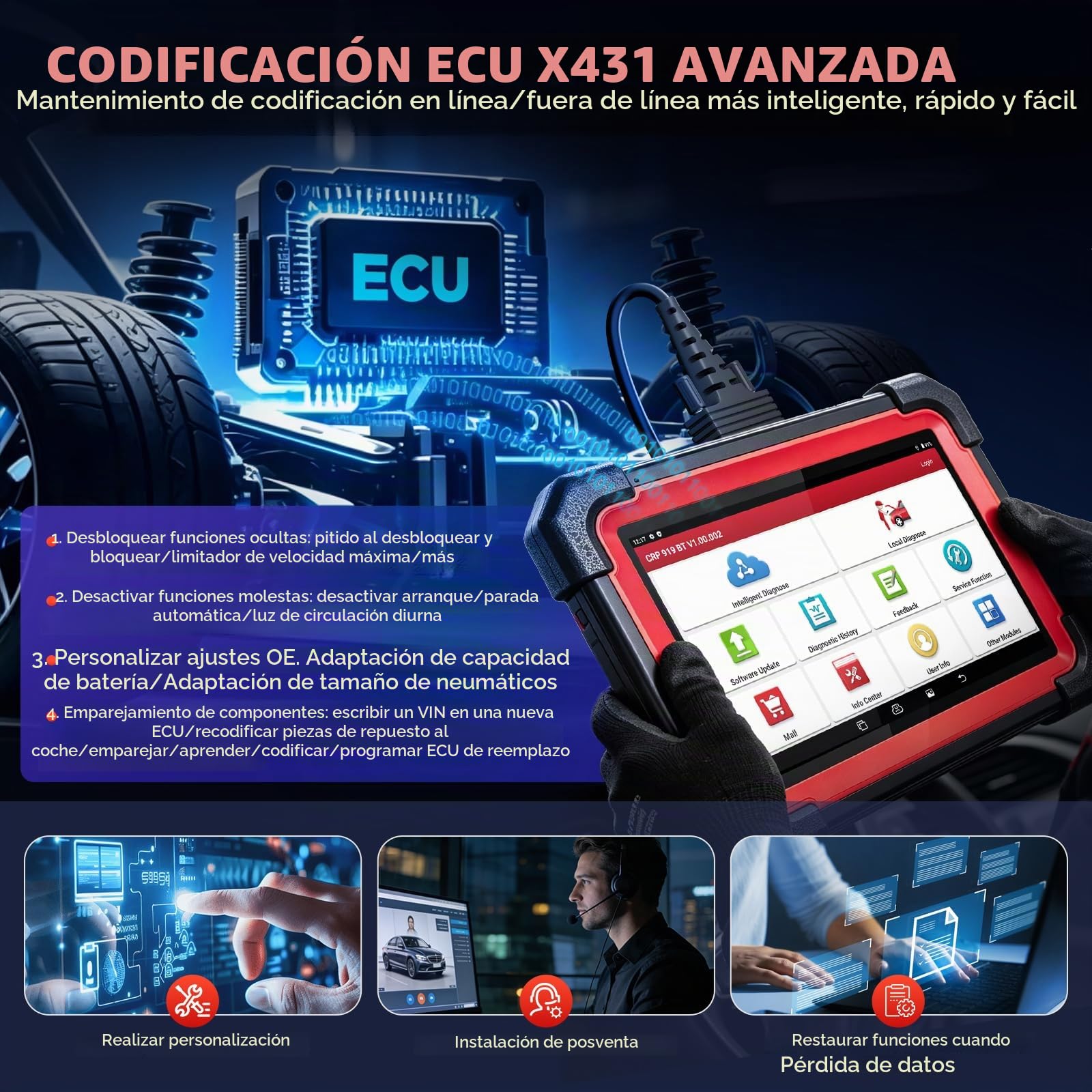 LAUNCH X431 CRP919E BT OBD2 Diagnosis Coche Multimarca de Sistema Completo y 45+ Funcíon Reinicio, Bluetooth Escáner Control Bidireccional, Codificación ECU,FCA AutoAuth Nivel OE Actualización 2 Año