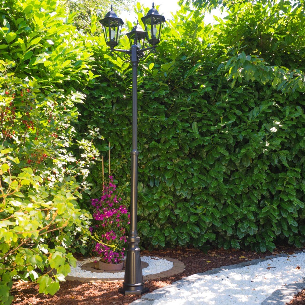Lampada da esterno/da giardino Hongkong, candelabro in stile antico, fusione di alluminio in nero opaco, vetro, luce di percorso a 3 bracci, regolabile in altezza, retrò, E27, IP44, senza lampadina