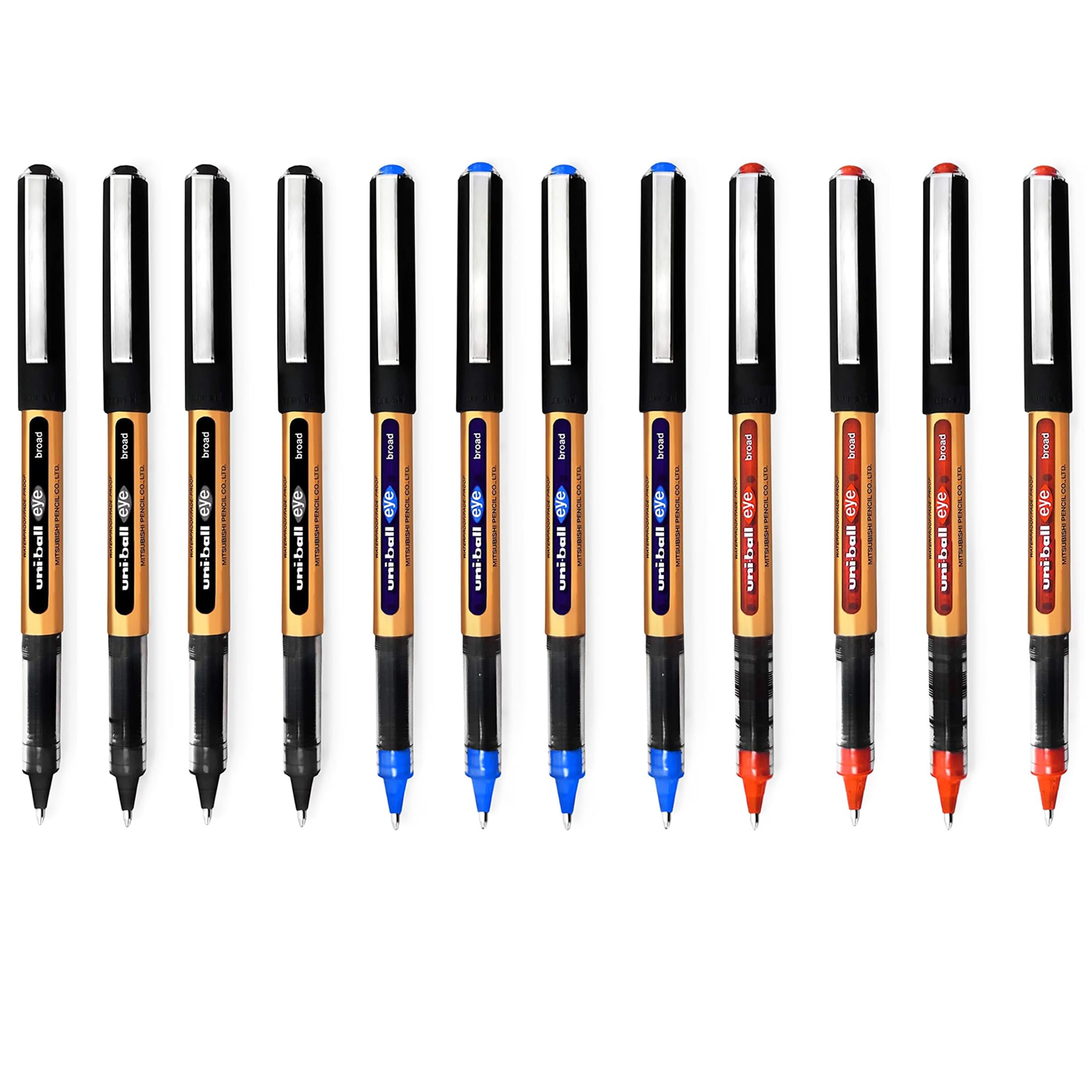 Eye UB-150-10E Broad Liquid Ink Rollerball Pens - 1.0mm - Black, Blue, Red (12)