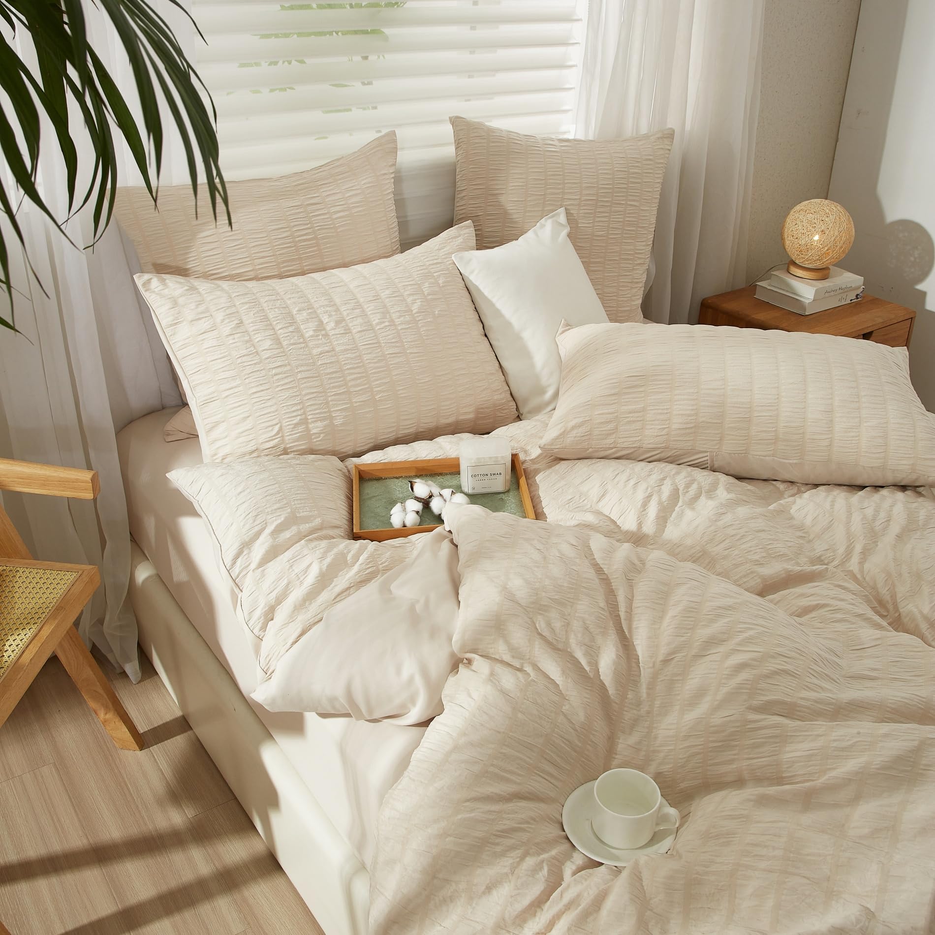set di biancheria da letto in seersucker, 220 x 240 cm, beige a righe, stile moderno, 3 pezzi, in microfibra, morbido, traspirante, con copripiumino e 2 federe da 80 x 80 cm, con cerniera