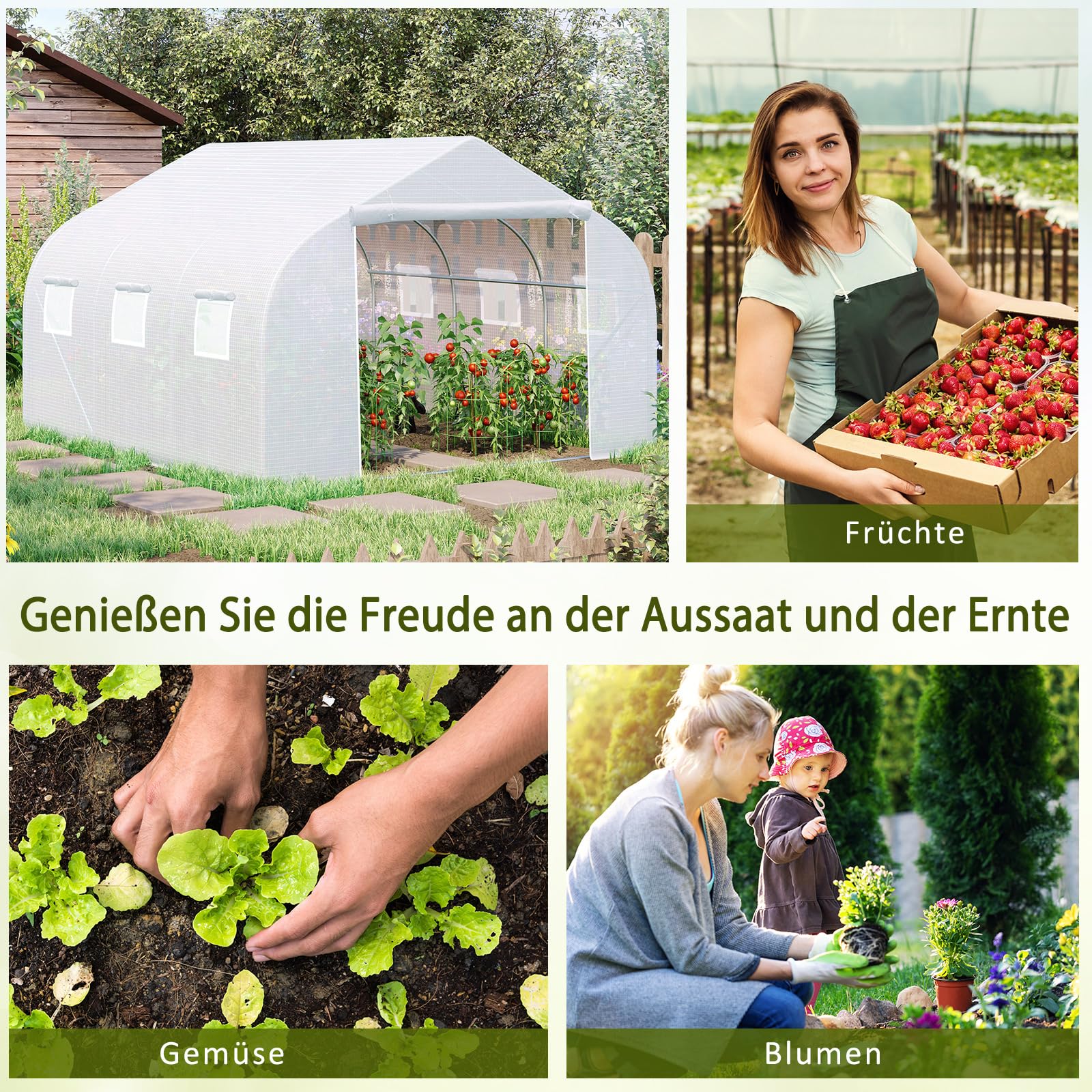 Outsunny Foliengewächshaus, 4,45 x 2,99 x 2,05 m Gewächshaus, Tomatenhaus mit UV-Schutz, Mesh-Fenster, Winddichtes Treibhaus für Garten, Balkon, Metall, Weiß