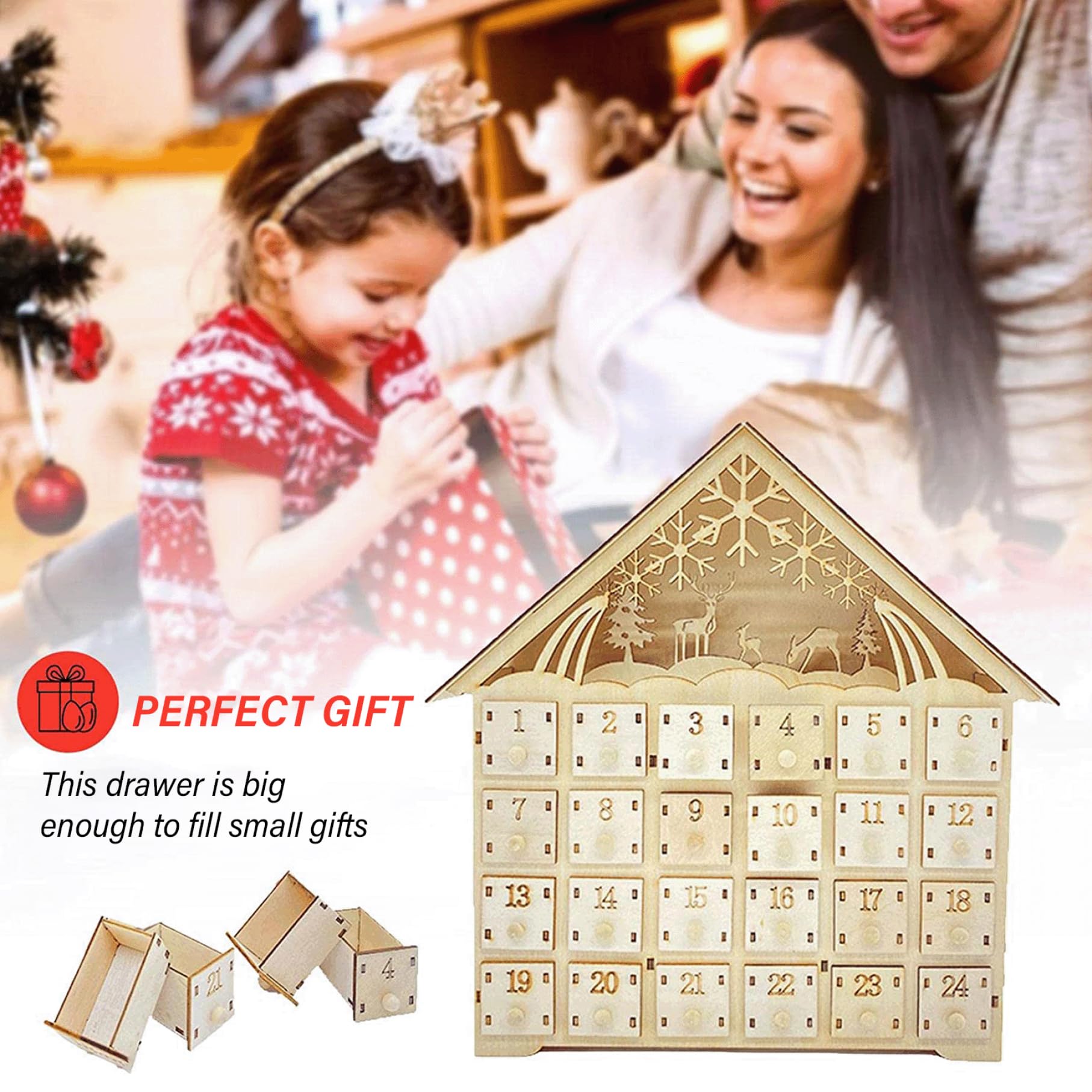 Calendario de adviento de madera con 24 cajones 10x3x12 Regalos de calendario de adviento de Navidad LED vacío LED para decoración de Navidad (sin batería) |.