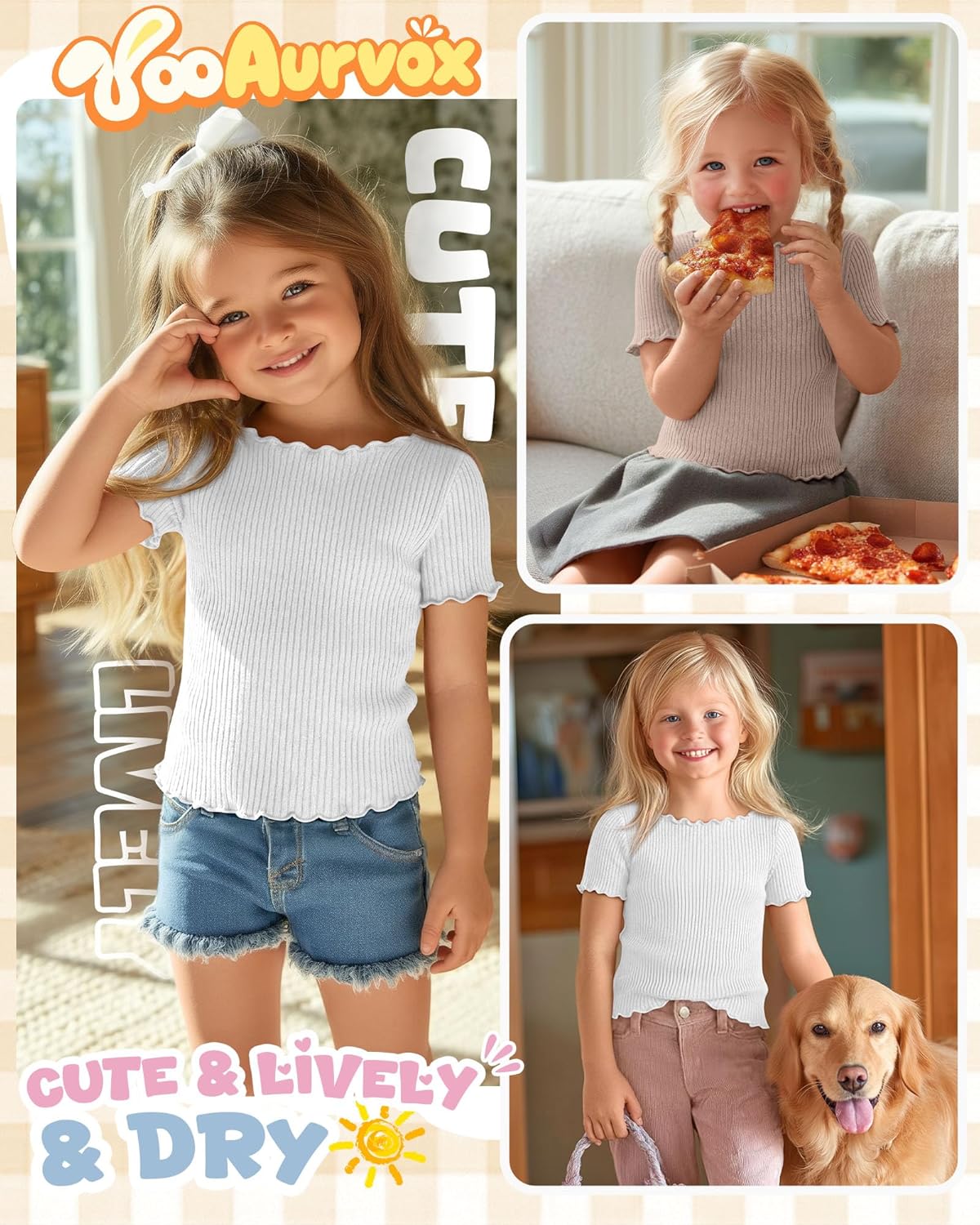 3 Pack Toddler Girls Short Sleeve Tees 90% Cotton Ribbed T-Shirts Boat Neck Lettuce Trim Solid Casual Tops 18M-5T