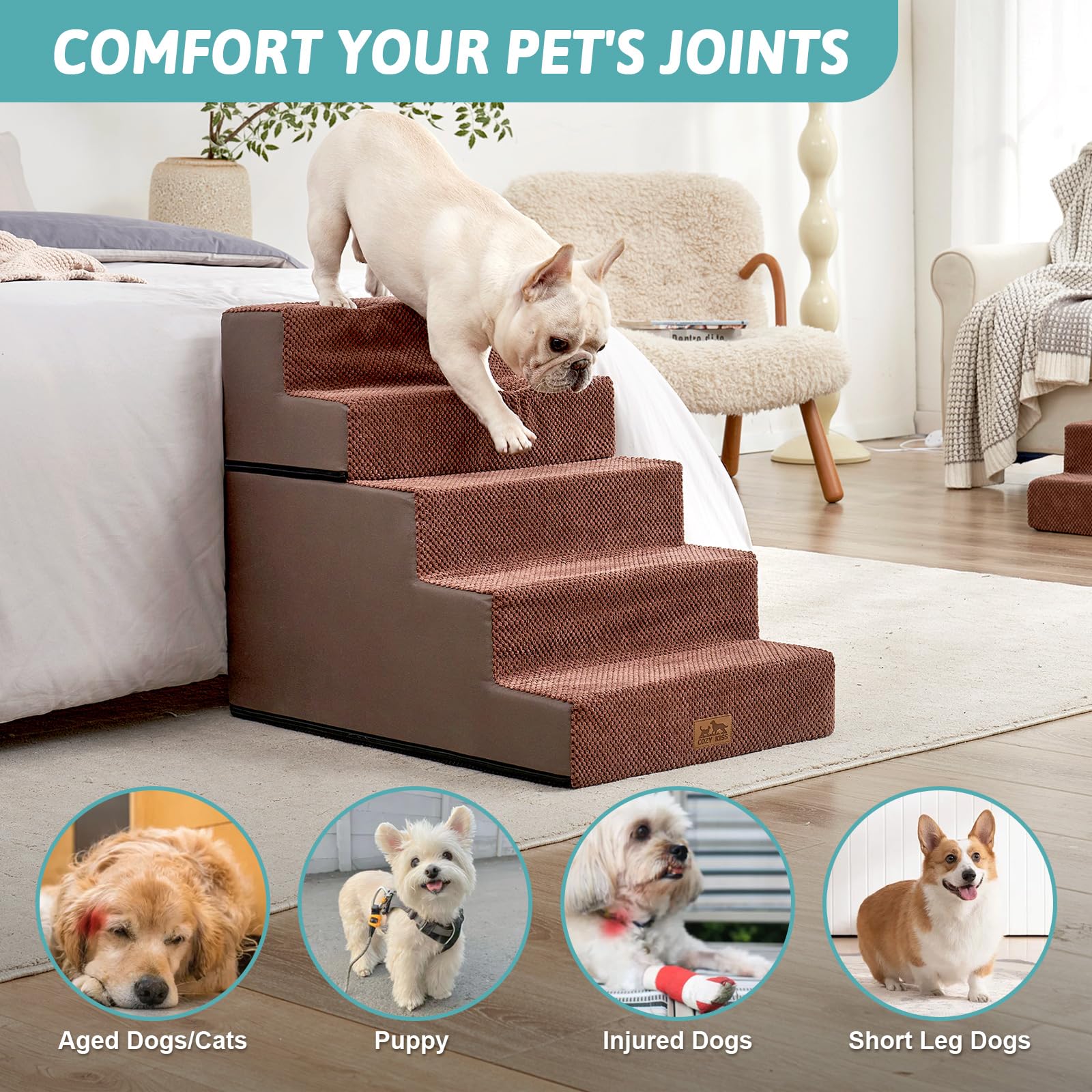 COZY KISS Escalera para Perros Anchas, 2 en 1 Desmontable Escalera para Mascotas para Cama Sofá, 60 cm de Alto Escalera para Gatos de Espuma (Marrón, 75x50x60cm-Desmontable, 5)