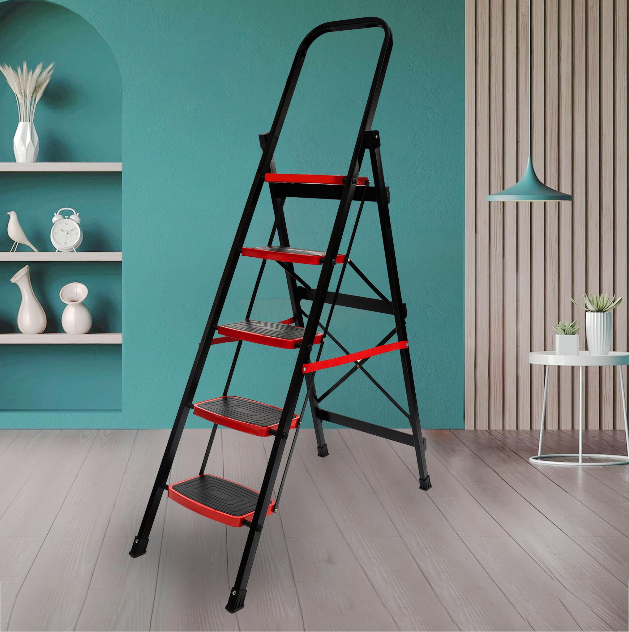 ZOLMIX Premium Ladder for Home, 5 Step Stairs for Home Use, Foldable Step Ladder, Firm Grip, Wide Anti Skid Steps Ladder for Home| Steel Sidi Non-Slip Handgrip| Durable, Heavy Duty (Red- 5 Step) (B0DHF3212V) Amazon Price History, Amazon Price Tracker