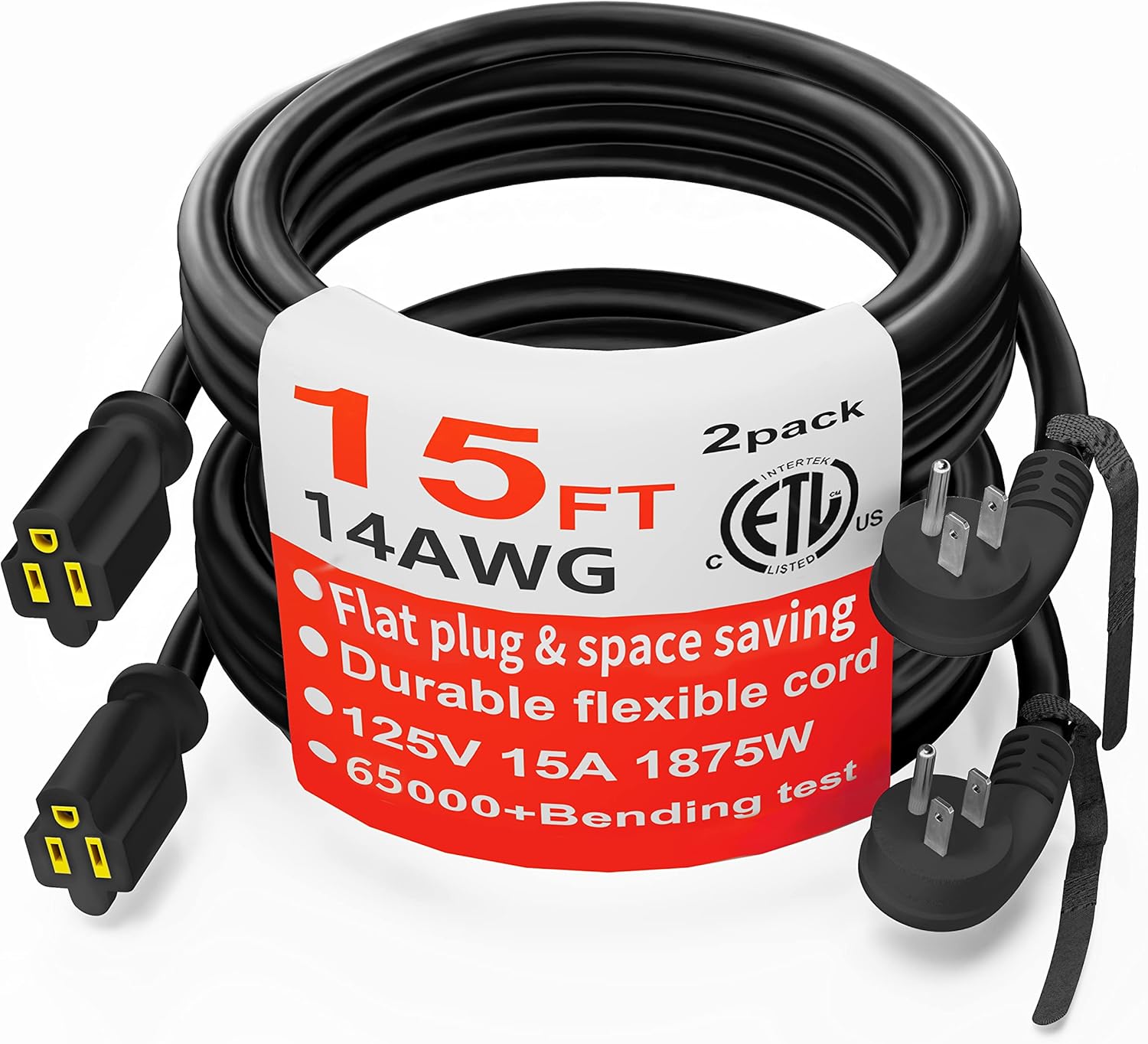 HUANCHAIN 14 Gauge 15 FT (2PACK) Flat Plug Extension Cord