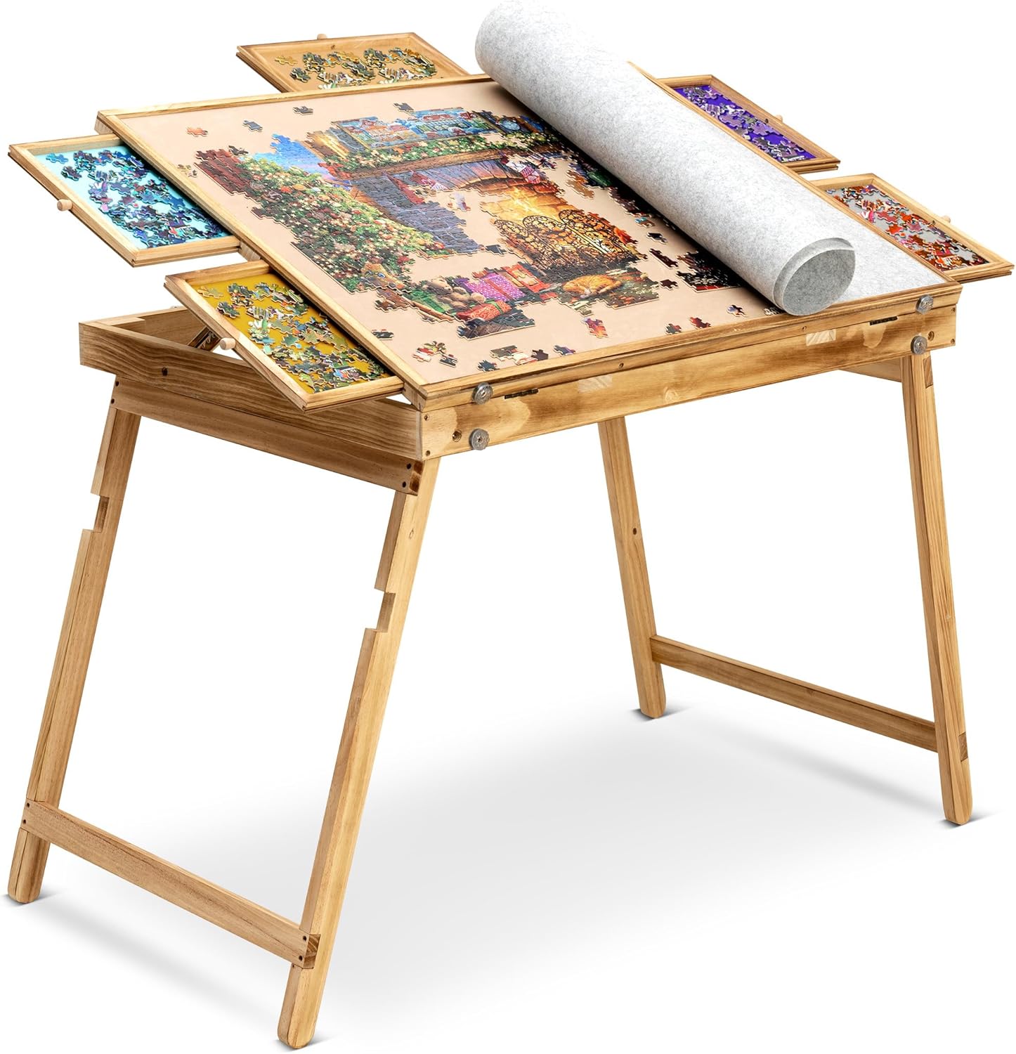 Jigsaw Puzzle Table Storage Portable Folding Tilting Table with 5 Drawer for 1500 pcs Play Table with Non-Slip Surface Mat & Dust-proof Cover for Adults Kids Boy Girl Gift for Puzzle Amateur