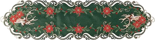 Miniatura 8 de GRANDDECO Camino de mesa de ciervos navideños para fiestas de vacaciones de granja, camino de mesa de flores de Navidad bordado, bufandas,