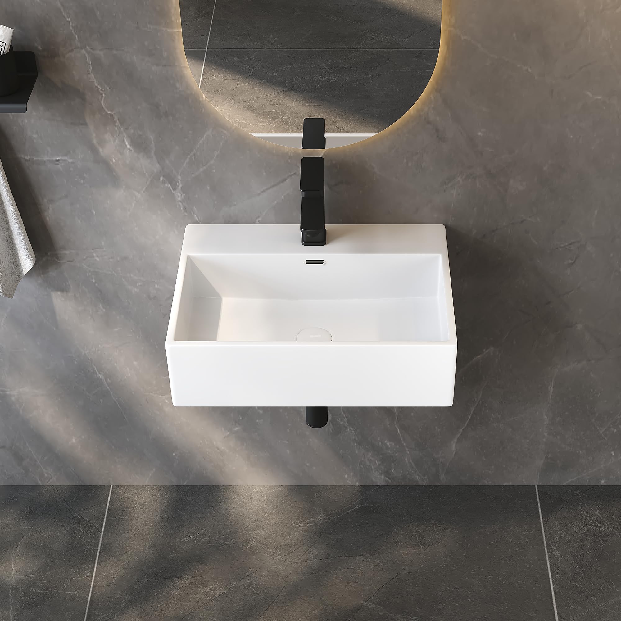 Eridanus Lavabo en céramique blanche brillante, rectangulaire à suspendre au mur pour installation sur comptoir, lavabo carré en porcelaine vitreuse pour vestiaire, évier de vasque 520 x 380 x 150 mm