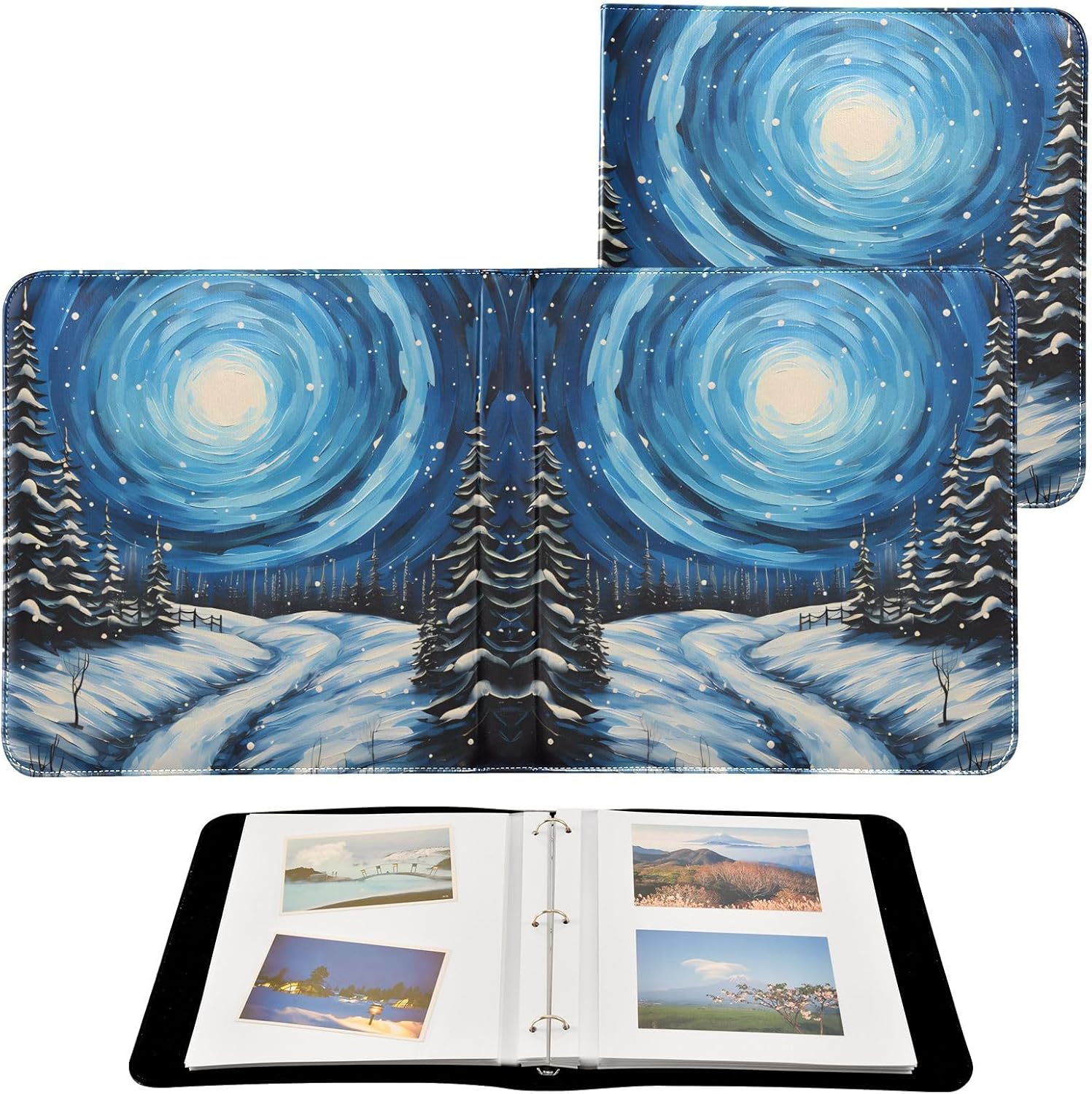 JIPONI Snow Moon Night Large Photo Album, DIY Leather Cover Scrapbook Albums for 4x6 5x7 6x8 Pictures, Self Adhesive Memory Book for Wedding, Baby, Family