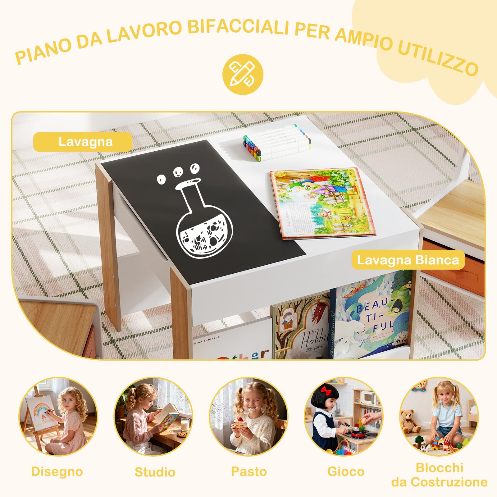 COSTWAY Set Tavolino Bambini e Sedie 4 in 1 con Lavagna Rimovibile (Naturale)