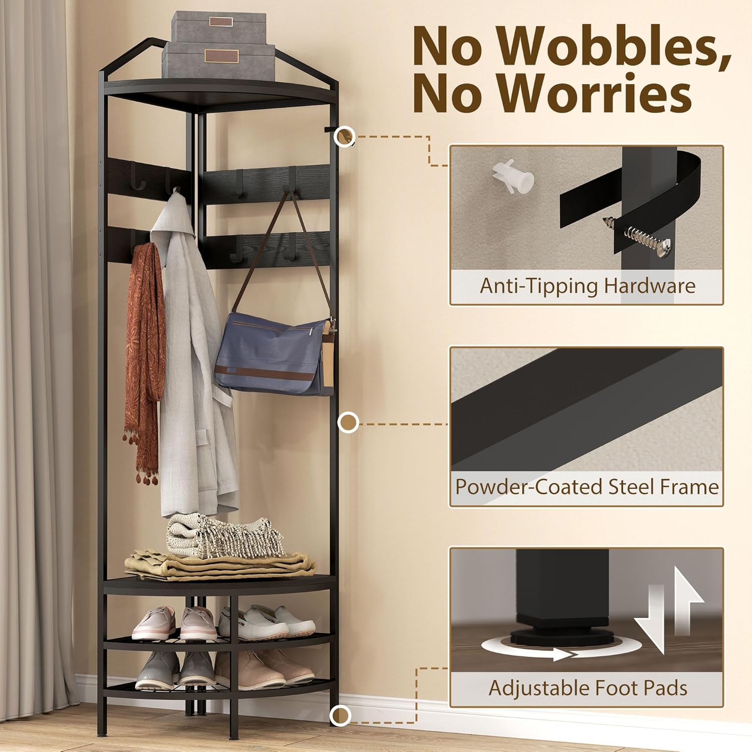 HOMCOM Corner Hall Tree, Industrial 4-Tier Coat Rack with Shoe Storage, 8 Movable Hooks and 2 Storage Shelves, Freestanding Entryway Coat Rack with Steel Frame for Hallway, Black
