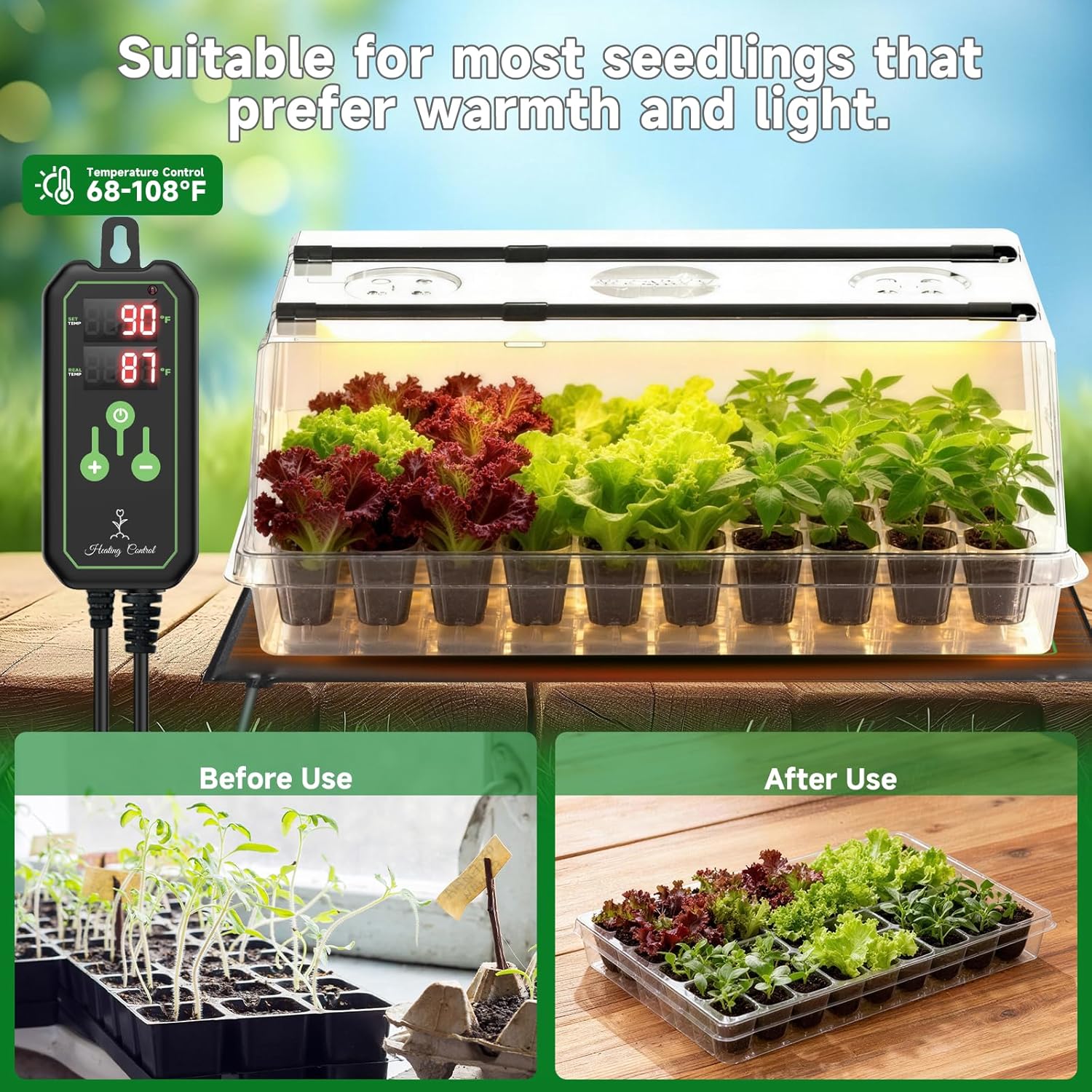 Adawook Large Seed Starter Tray with Grow Light and Thermostat Controller Heat Mat, 10"x 20.75" Heat Mats for Plant Growing，68-113°F Adjustable，Color Change Grow Lights，Germination Trays Kits