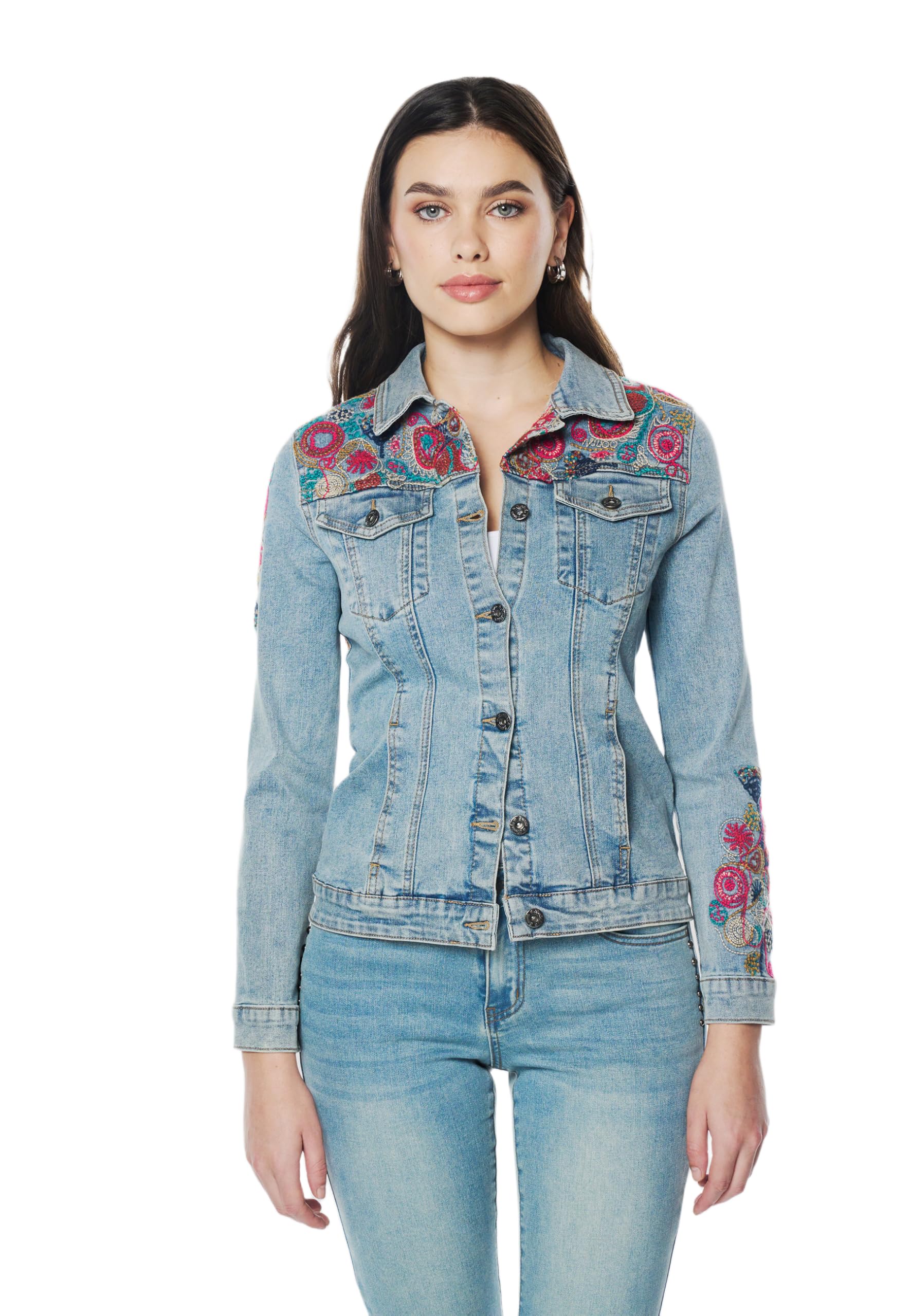 Koroshi Cazadora Chaqueta Vaquera Denim Corta Mujer Azul Bordado Floral