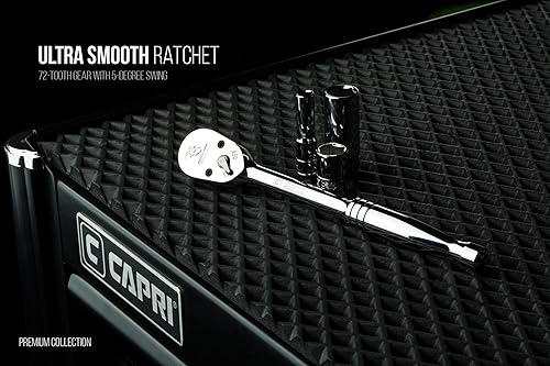 Miniatura 7 de Capri Tools - Trinquete de perfil bajo de cuadrante de 1/2 pulgada, 72 dientes verdaderos y arco oscilante de 5 grados