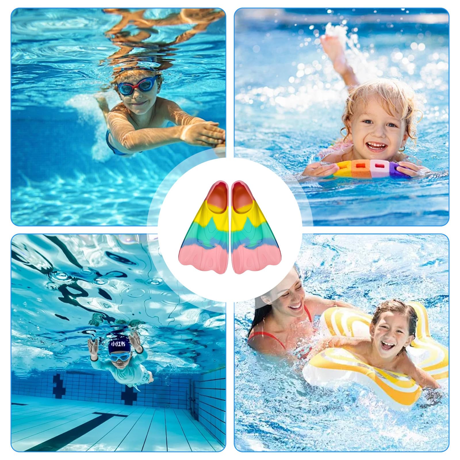 Pinne da nuoto, pinne corte per bambini, 100% silicone, per bambini e adulti, allenamento in acqua aperta, snorkeling