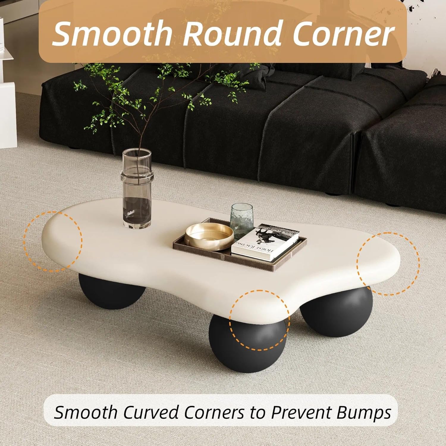 40" Cloud Coffee Table with Round Edge, Modern Coffee Table with 3 Ball Legs, Accent Unique Center Tables for Living Room, Balcony, for New Home, Easy Assembly, White Top Black Legs