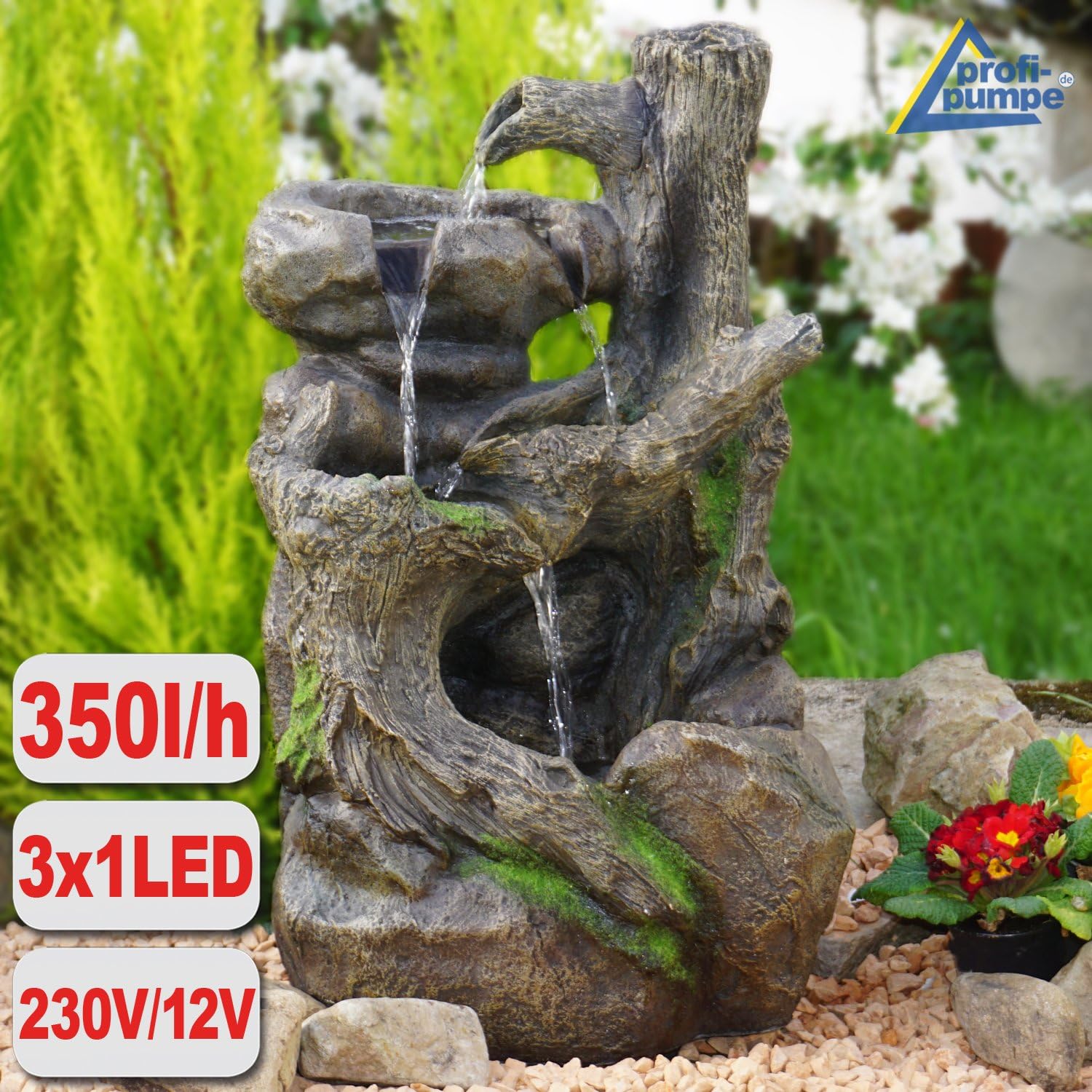 Fontana da giardino, fontana ornamentale, fontana da interno, fontana 230V cascata gioco d'acqua per giardino, laghetto da giardino, terrazza molto decorativo (BAUMWURZEL§STEIN-KASKADE con luce LED)