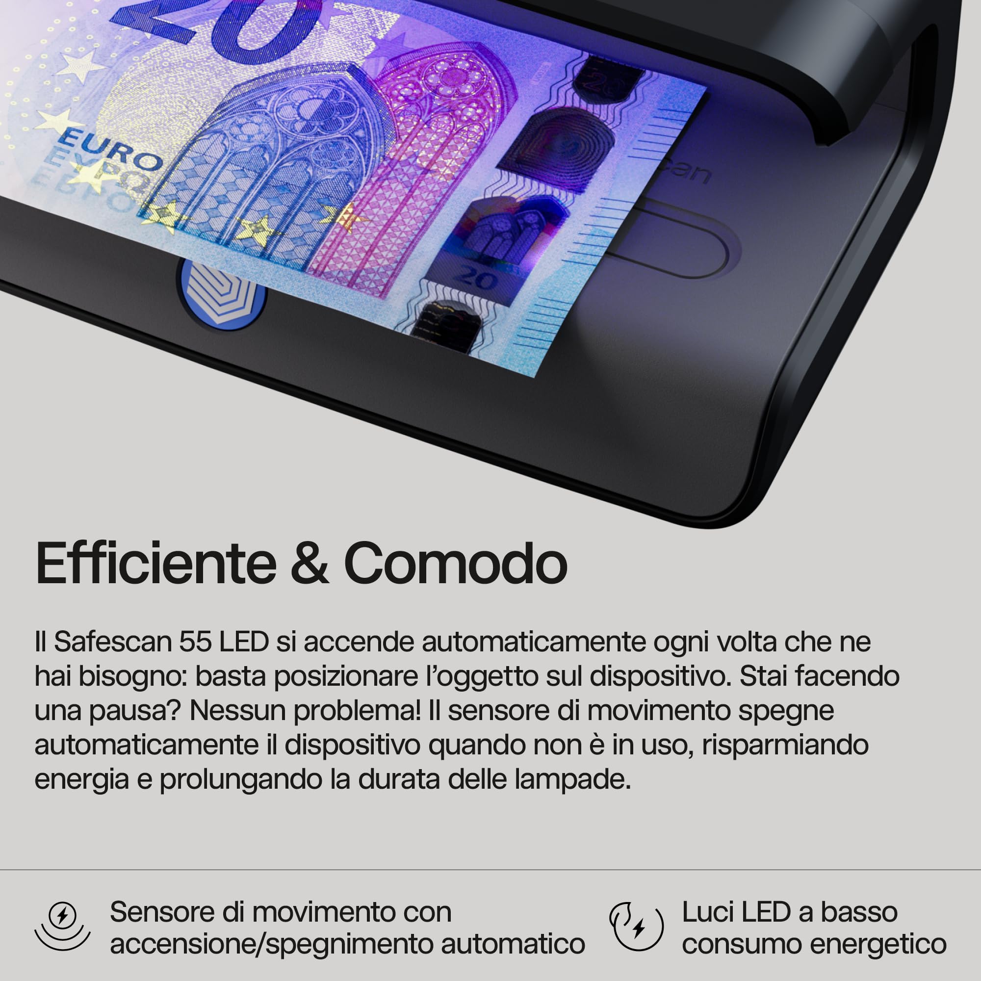 Safescan 55 LED Verifica banconote false con luce UV ultra-luminosa, Controlla banconote false, carte di credito e documenti d'identità, 3 potenti luci LED, Controllo banconote false UV